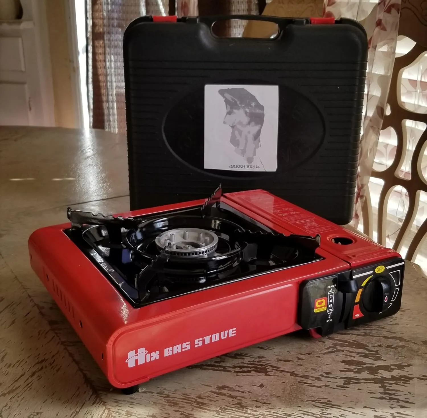 Green Bear Emergency Gear Camping Butane Portable Gas Stove with Carrying Case Bundle (Stove   carry case  4 packfuel bundle)