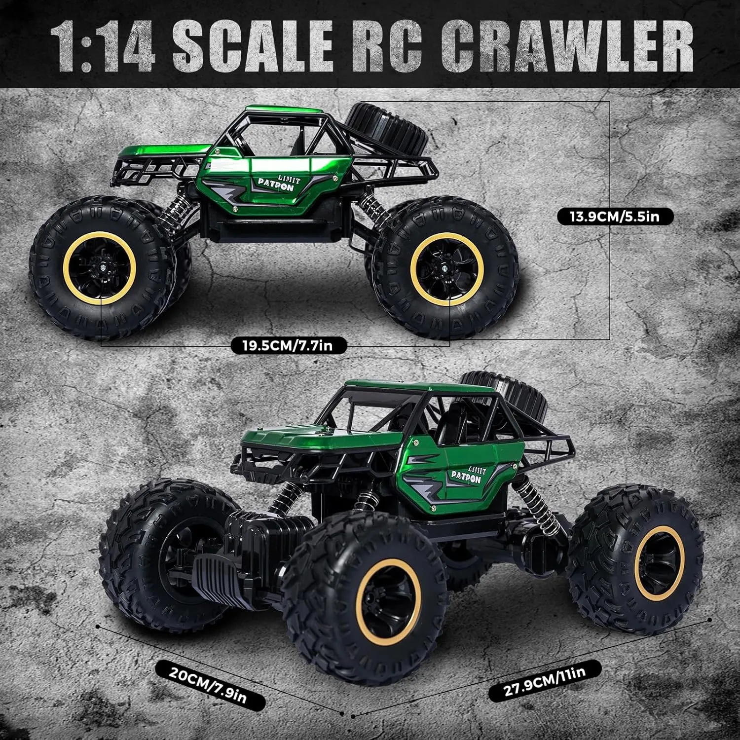 Green RC Trucks Remote Control Car 1:14 Off Road Monster Truck,Metal Shell Crawler,2.4Ghz 20km/h High Speed All Terrain Hobby Truck