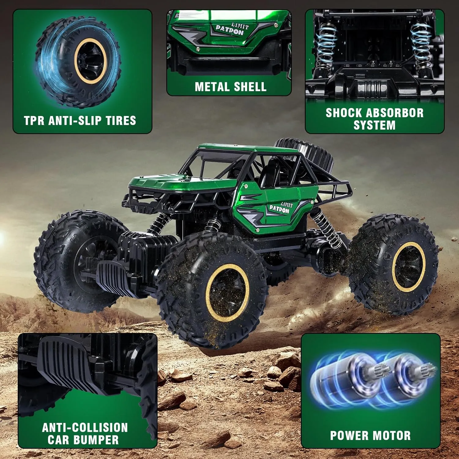 Green RC Trucks Remote Control Car 1:14 Off Road Monster Truck,Metal Shell Crawler,2.4Ghz 20km/h High Speed All Terrain Hobby Truck