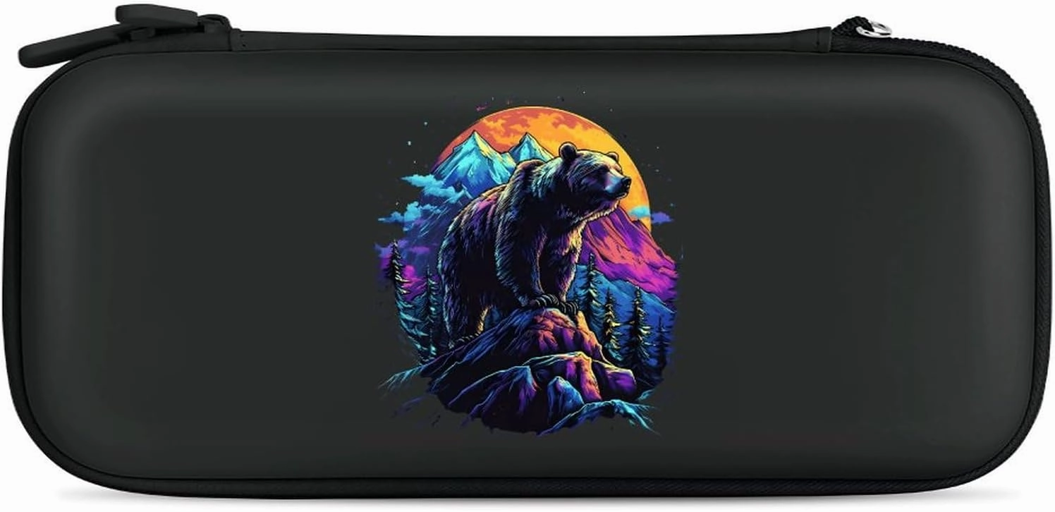 Grizzly Bear Sunset Compatible with Switch Carrying Case Hard Travel Game Bag Pouch with 15 Games Accessories