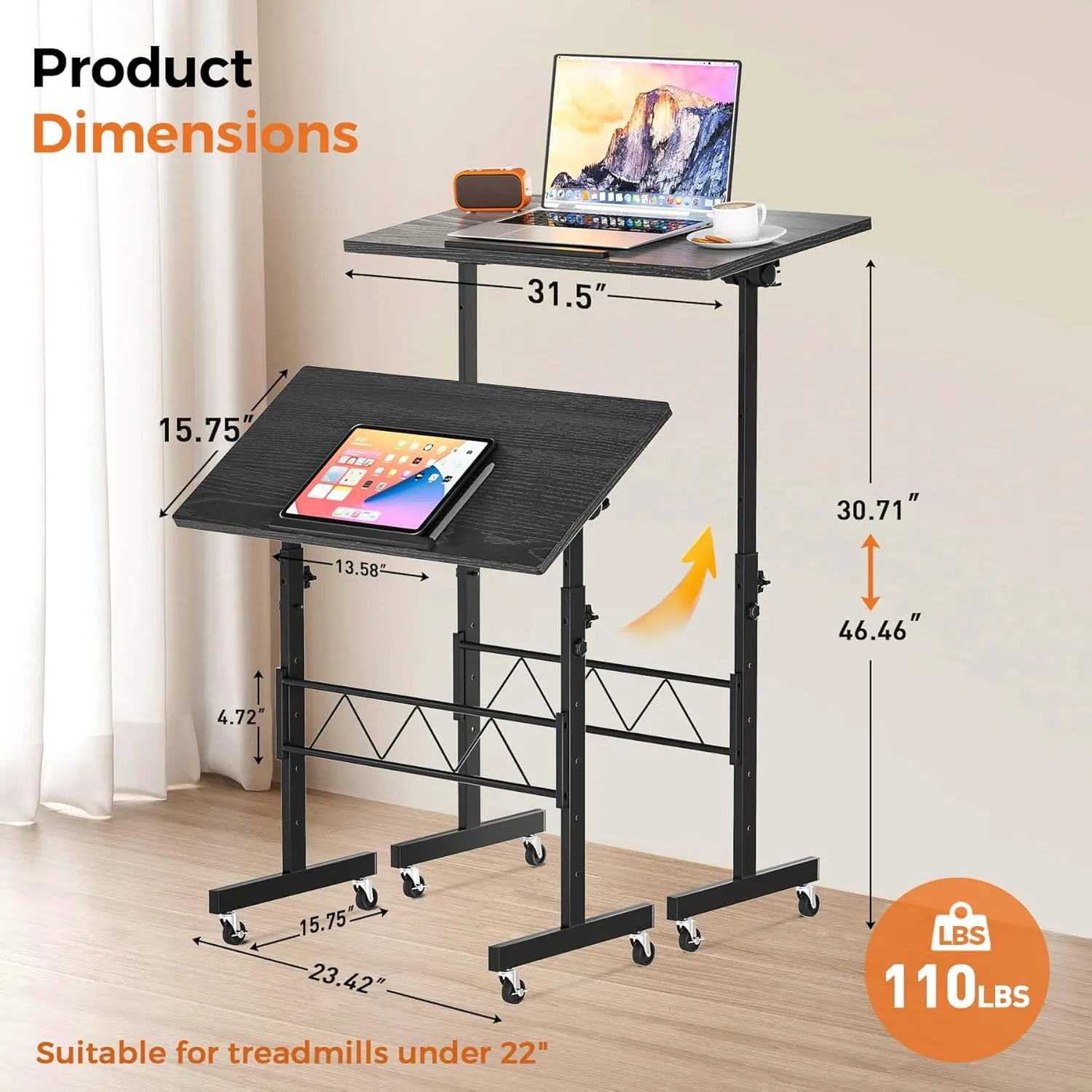 GTRACING Standing Desk Adjustable Height & Tiltable Tabletop, Small Mobile Computer Table for Laptop, Portable Home Office Desk for Stand Up Work and Walking Pad Treadmill, Height 30.7"-46.4", Black