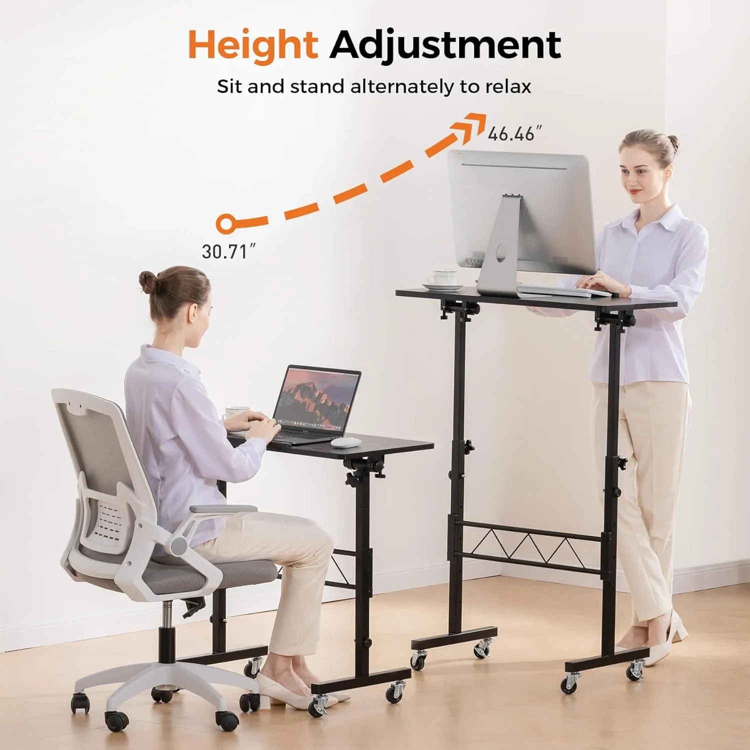 GTRACING Standing Desk Adjustable Height & Tiltable Tabletop, Small Mobile Computer Table for Laptop, Portable Home Office Desk for Stand Up Work and Walking Pad Treadmill, Height 30.7"-46.4", Black