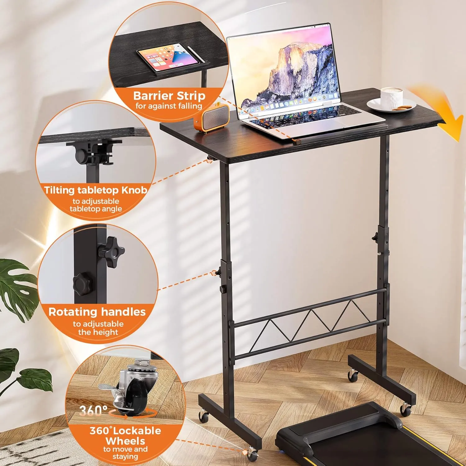 GTRACING Standing Desk Adjustable Height & Tiltable Tabletop, Small Mobile Computer Table for Laptop, Portable Home Office Desk for Stand Up Work and Walking Pad Treadmill, Height 30.7"-46.4", Black