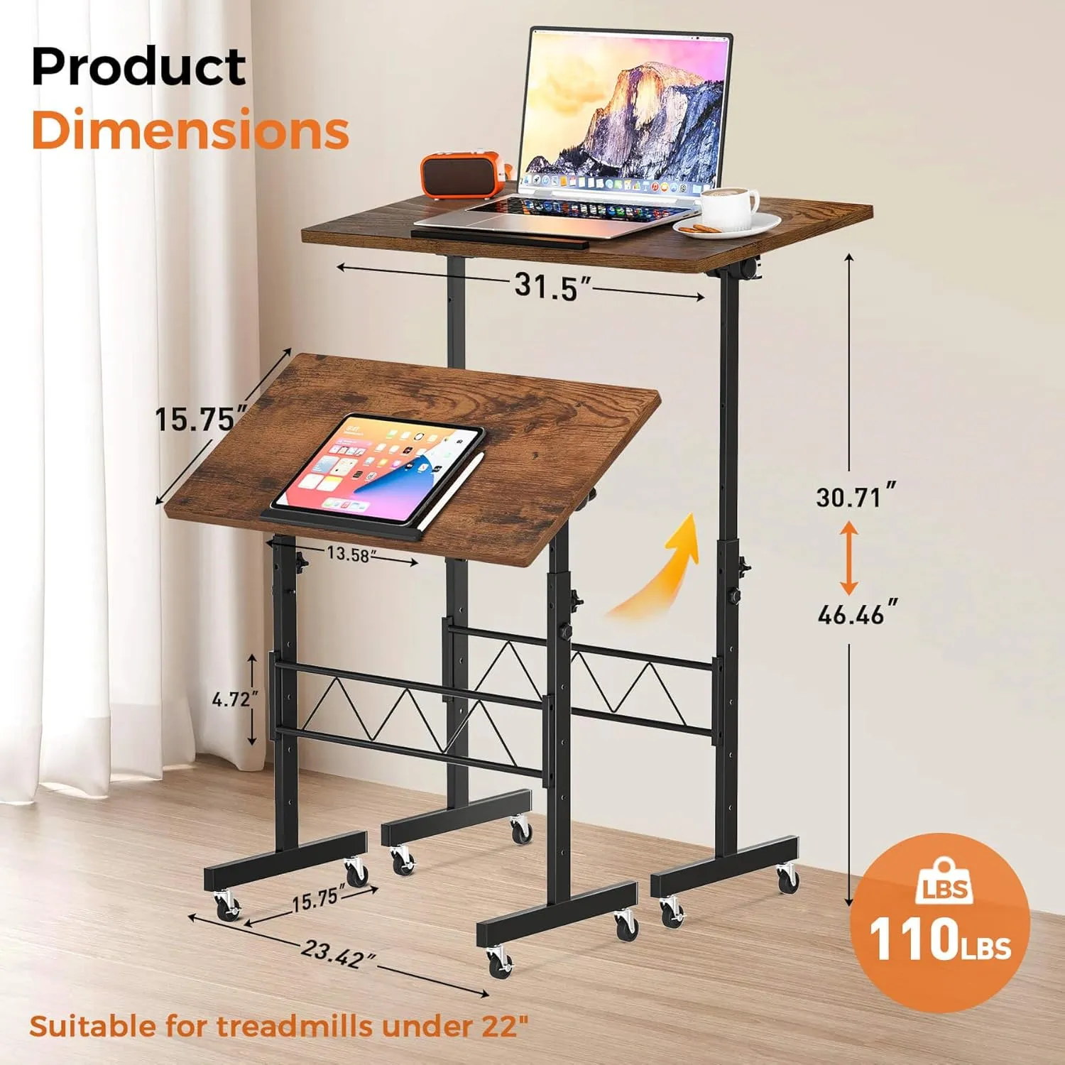 GTRACING Standing Desk Adjustable Height & Tiltable Tabletop, Small Mobile Computer Table for Laptop, Portable Home Office Desk for Stand Up Work and Walking Pad Treadmill, Height 30.7"-46.4", Brown