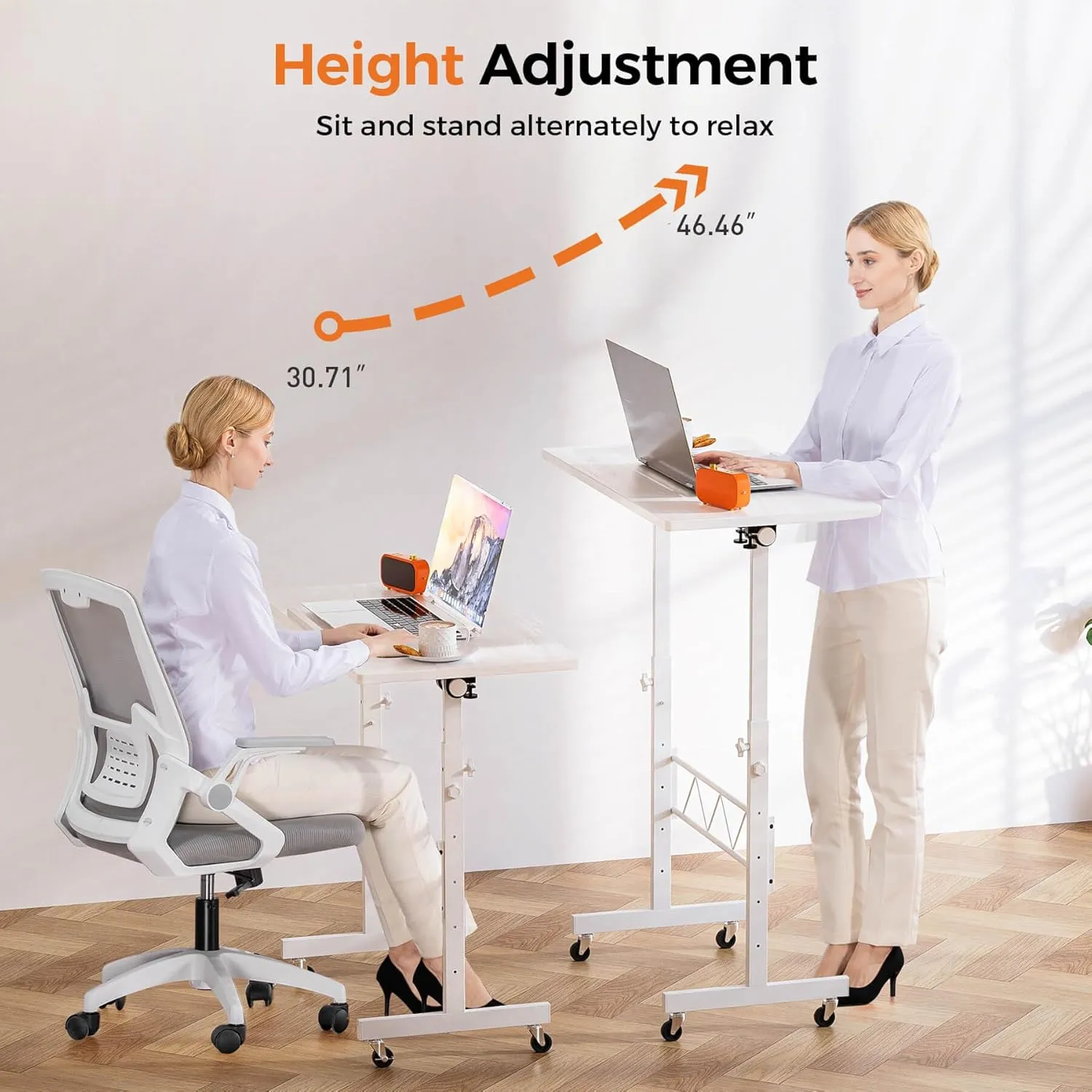 GTRACING Standing Desk Adjustable Height & Tiltable Tabletop, Small Mobile Computer Table for Laptop, Portable Home Office Desk for Stand Up Work and Walking Pad Treadmill, Height 30.7"-46.4", White
