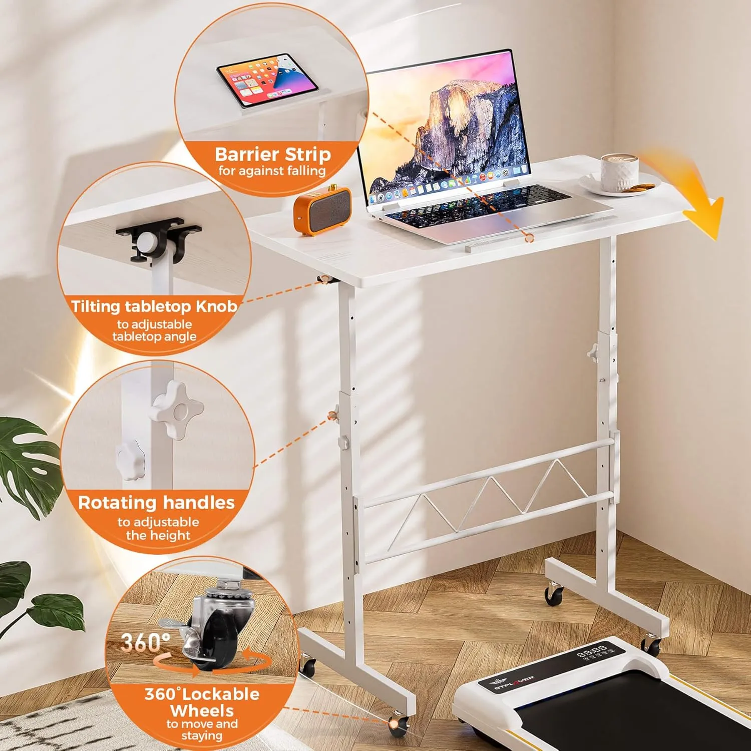 GTRACING Standing Desk Adjustable Height & Tiltable Tabletop, Small Mobile Computer Table for Laptop, Portable Home Office Desk for Stand Up Work and Walking Pad Treadmill, Height 30.7"-46.4", White