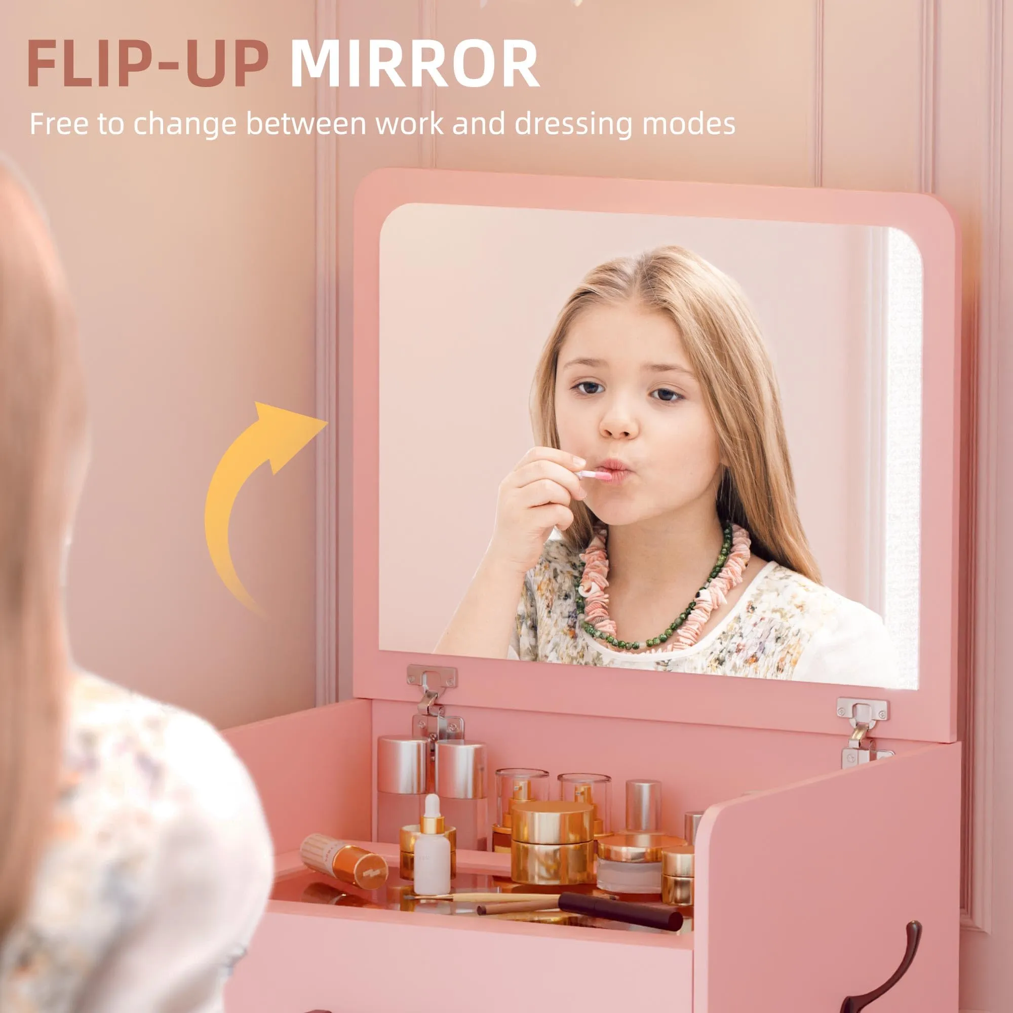 Gurexl 3 in 1 Pink Vanity Desk with Plip Top Mirror,Small Make Up Vanity Set with Visible Glass Desktop,Compact Makeup Vanity with 3 Drawers,Cushioned Tool,Dressing Table for Bedroom