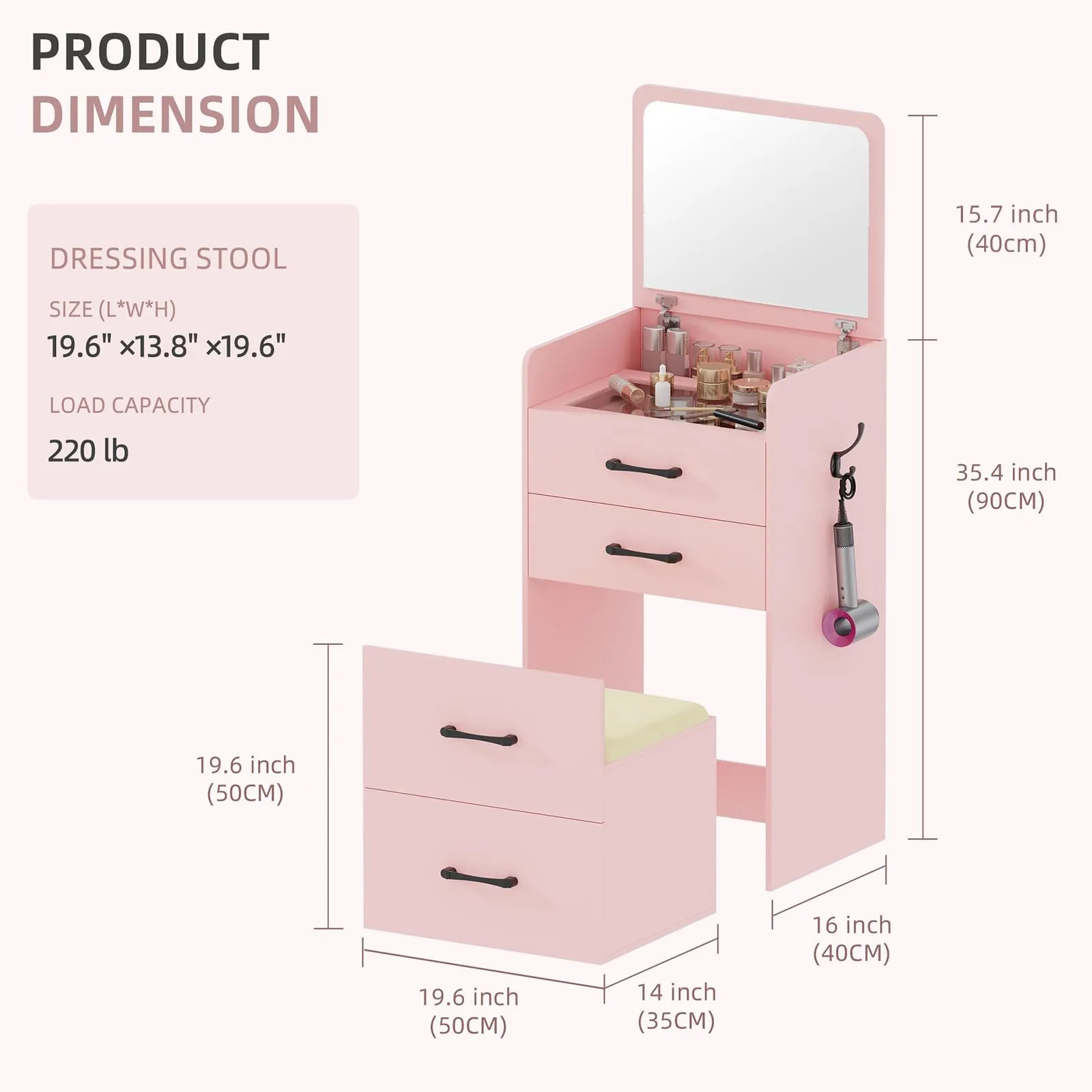 Gurexl 3 in 1 Pink Vanity Desk with Plip Top Mirror,Small Make Up Vanity Set with Visible Glass Desktop,Compact Makeup Vanity with 3 Drawers,Cushioned Tool,Dressing Table for Bedroom