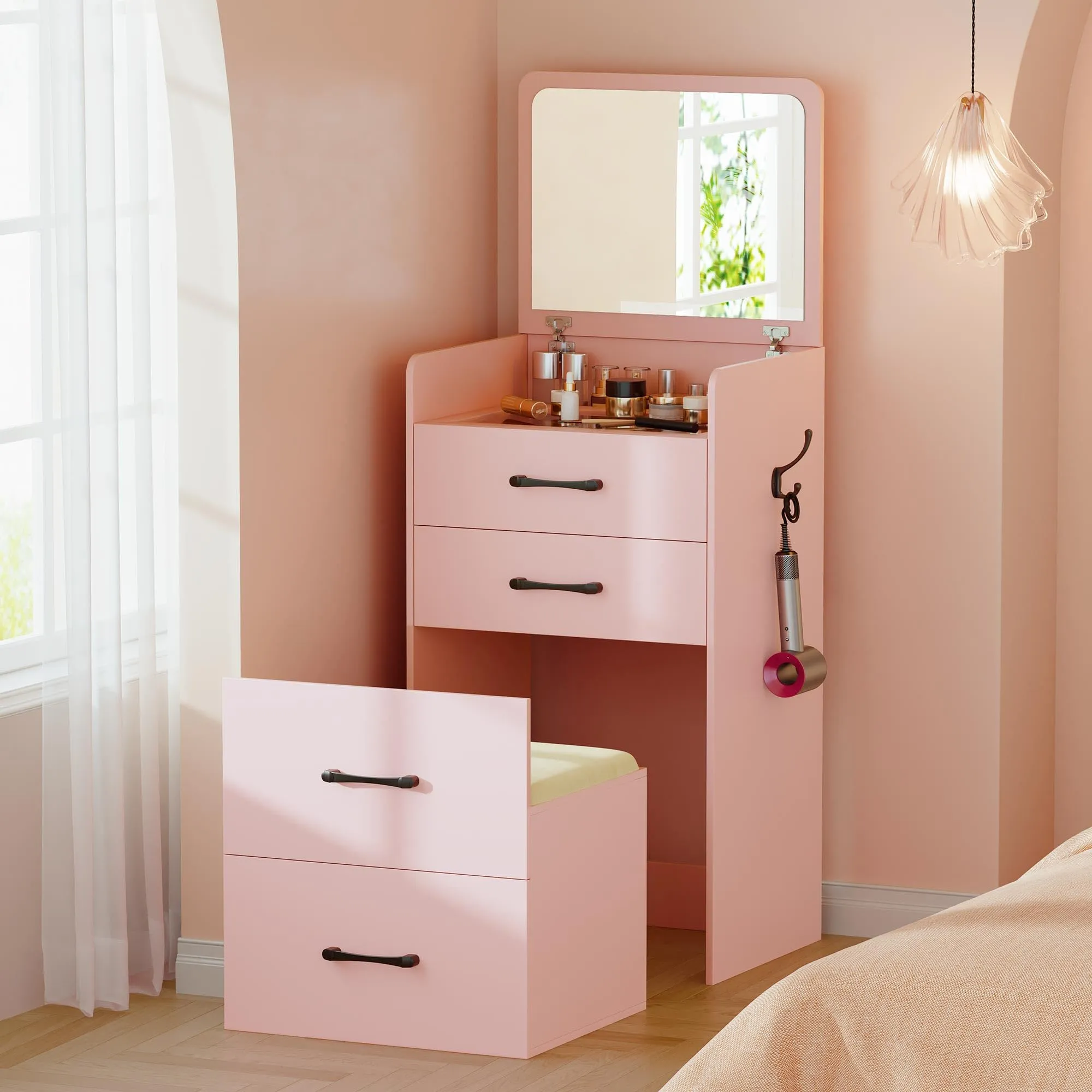 Gurexl 3 in 1 Pink Vanity Desk with Plip Top Mirror,Small Make Up Vanity Set with Visible Glass Desktop,Compact Makeup Vanity with 3 Drawers,Cushioned Tool,Dressing Table for Bedroom