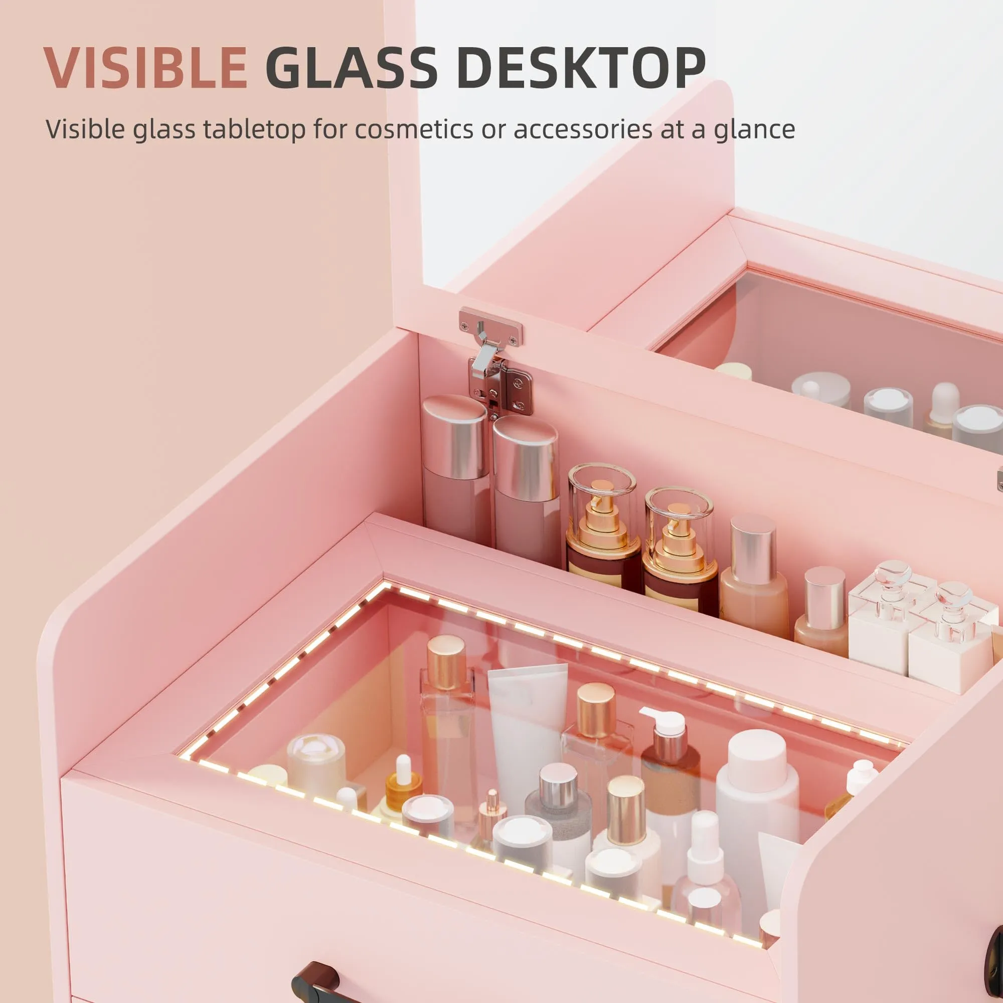 Gurexl 3 in 1 Pink Vanity Desk with Plip Top Mirror,Small Make Up Vanity Set with Visible Glass Desktop,Compact Makeup Vanity with 3 Drawers,Cushioned Tool,Dressing Table for Bedroom