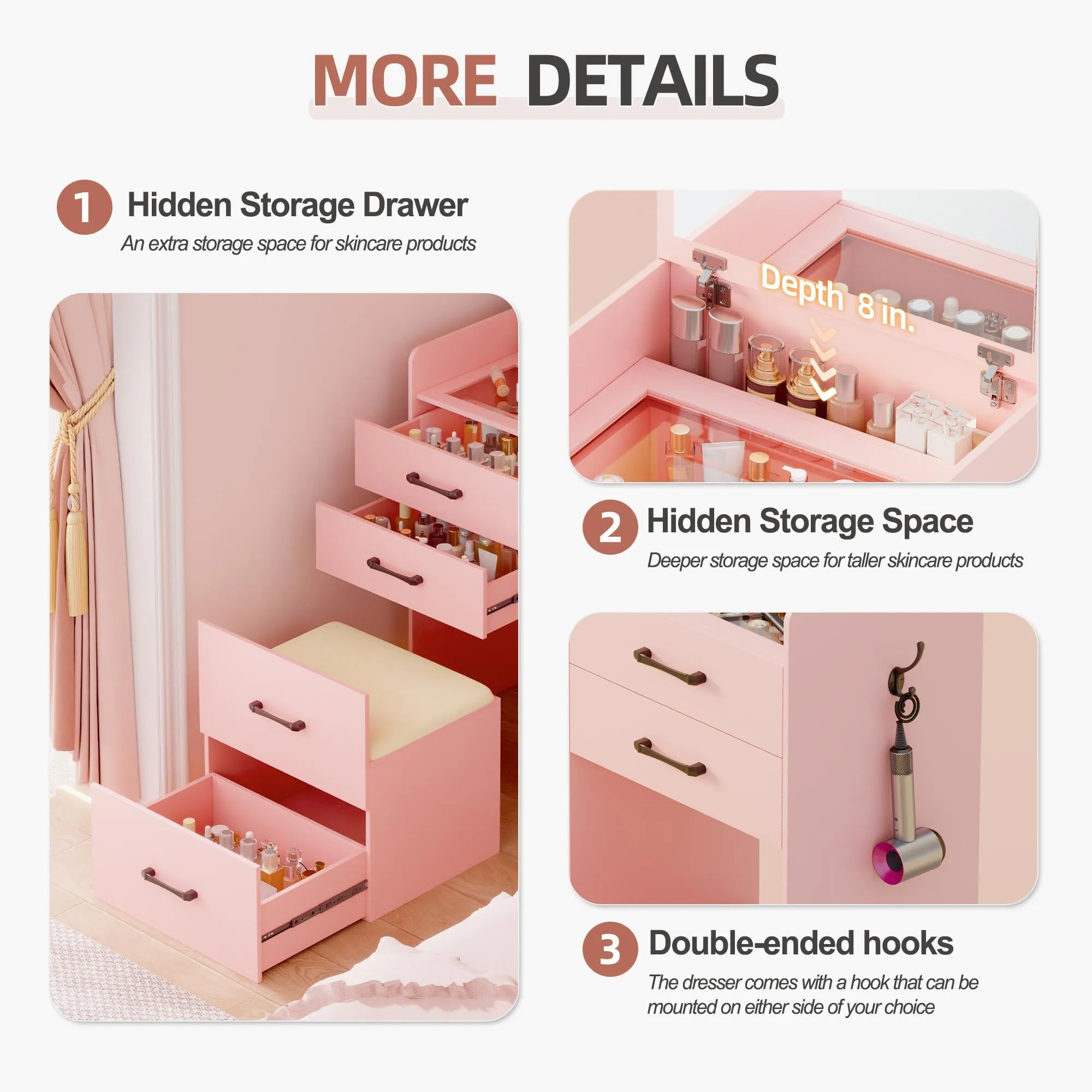 Gurexl 3 in 1 Pink Vanity Desk with Plip Top Mirror,Small Make Up Vanity Set with Visible Glass Desktop,Compact Makeup Vanity with 3 Drawers,Cushioned Tool,Dressing Table for Bedroom