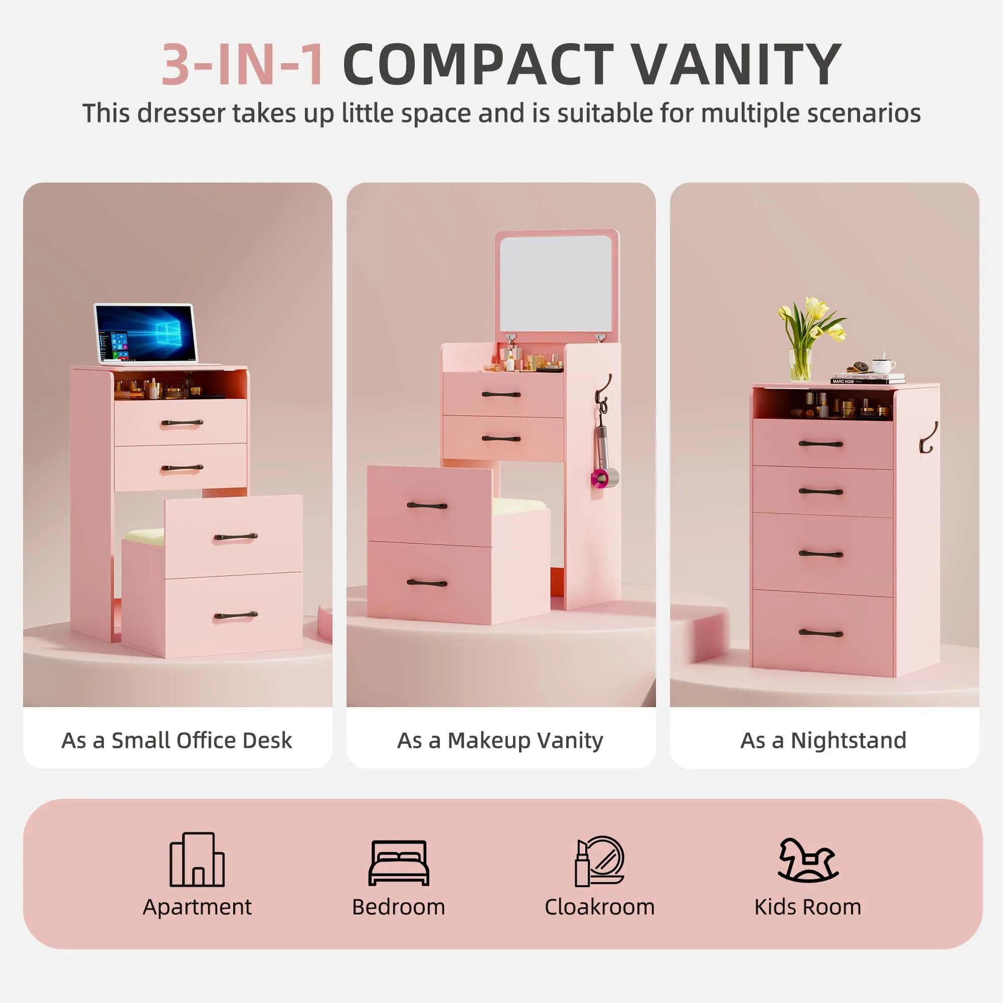 Gurexl 3 in 1 Pink Vanity Desk with Plip Top Mirror,Small Make Up Vanity Set with Visible Glass Desktop,Compact Makeup Vanity with 3 Drawers,Cushioned Tool,Dressing Table for Bedroom