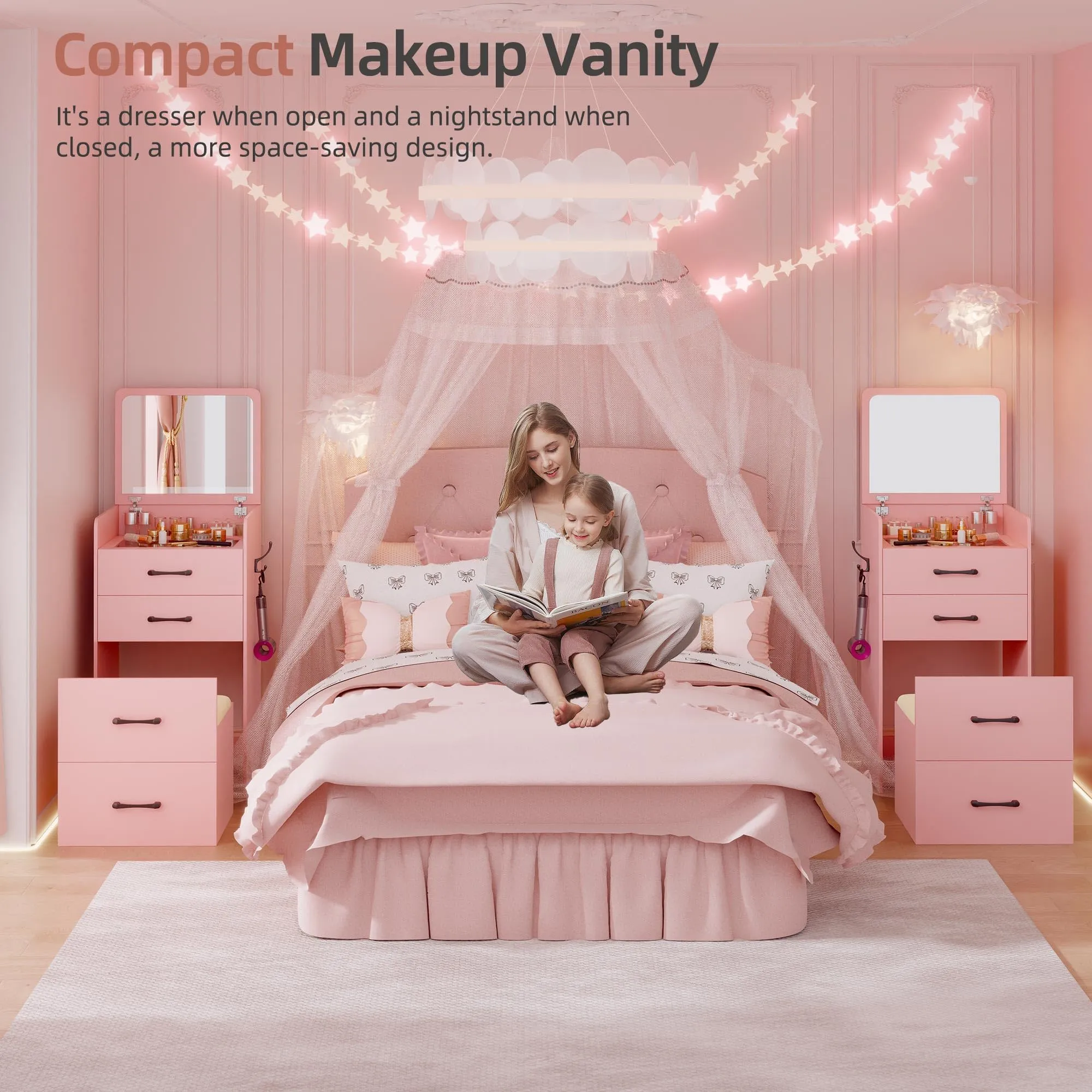 Gurexl 3 in 1 Pink Vanity Desk with Plip Top Mirror,Small Make Up Vanity Set with Visible Glass Desktop,Compact Makeup Vanity with 3 Drawers,Cushioned Tool,Dressing Table for Bedroom