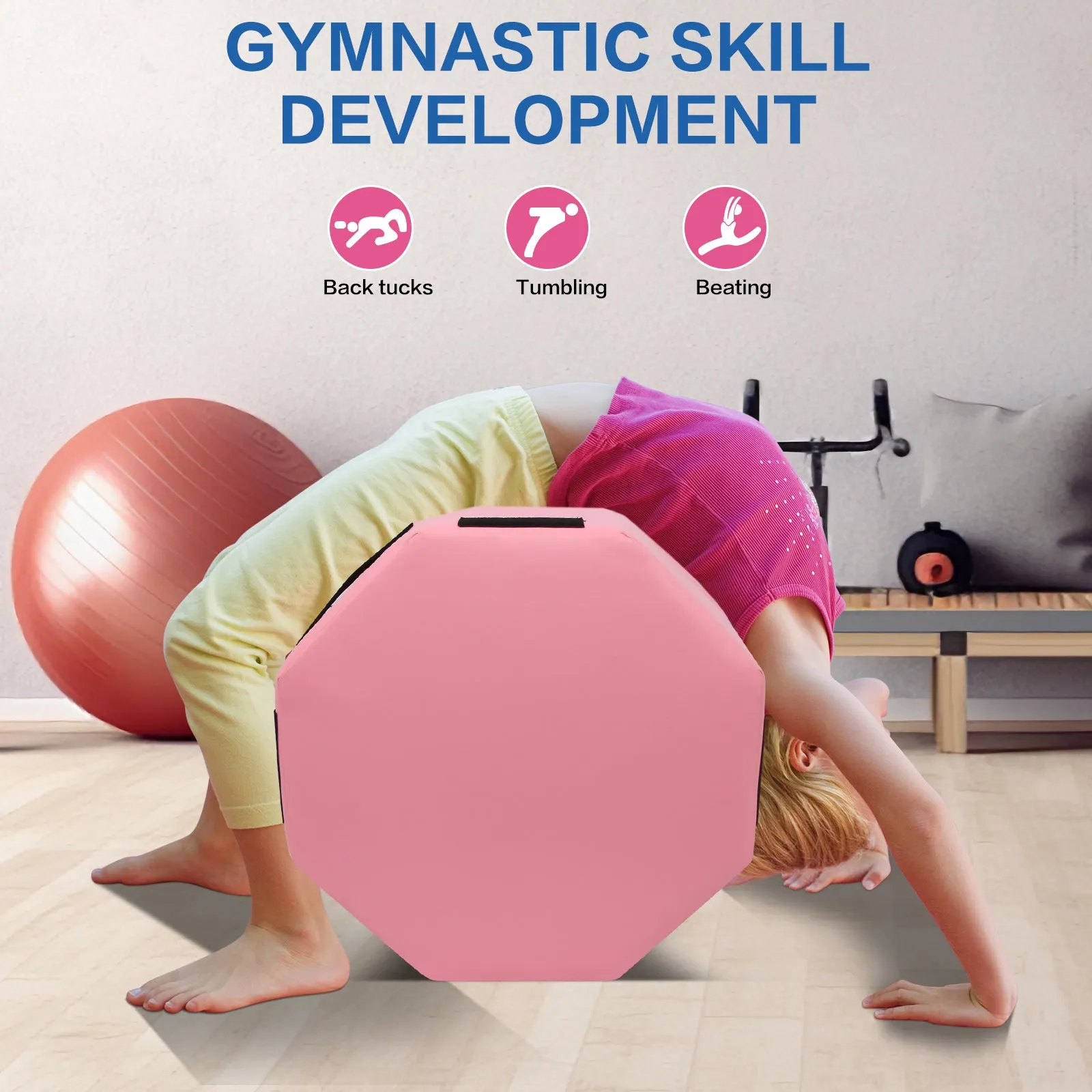 Gymnastics Octagon Tumble Mat for kids 25.6" Diameter Stackable Somersault Handsprings Backbend Trainer Exercise Tumbling Mat Detachable Foam Module Home Gym Step Jump Box for Aerobic Training