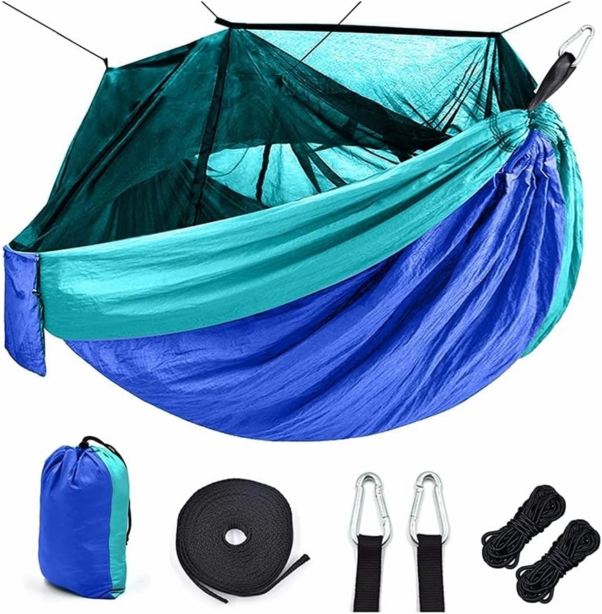 Hammock Portable Outdoor Camping Hammock with Mosquito Net High Strength Parachute Fabric Camping Hammock Hunting Hanging Sleeping Swing Swing, Sea Blue