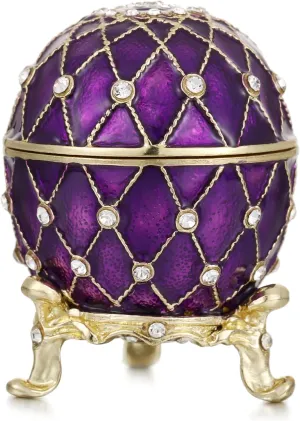 Hand Painted Enamel Grid Faberge Egg Trinket Box, Hinged Faberge Jewelry Box Unique Jewelry Organizer, Vintage Bejeweled Storage, Figurine Collectible Keepsake Home Decor (Purple)
