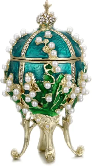 Hand Painted Enamel Pearl Flower Faberge Egg Trinket Box, Unique Hinged Floral Jewelry Box Organizer, Vintage Bejeweled Storage, Figurine Collectible Keepsake Home Decor (Green)