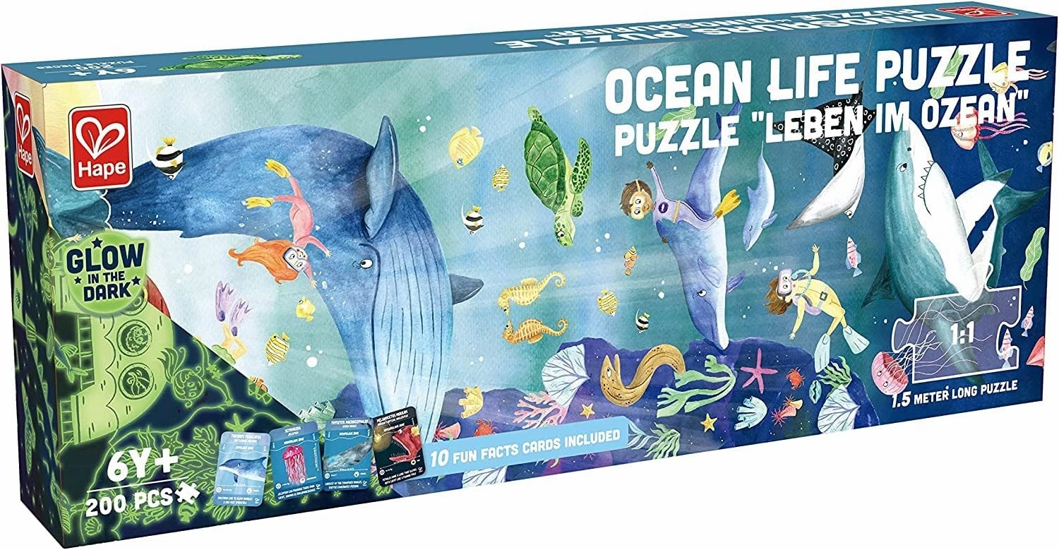 Hape Ocean Life Puzzle 1.5 Meter Long | 200 Pieces Colorful Giant Glow-in-The-Dark Marine Life Jigsaw, for Children 6  Years