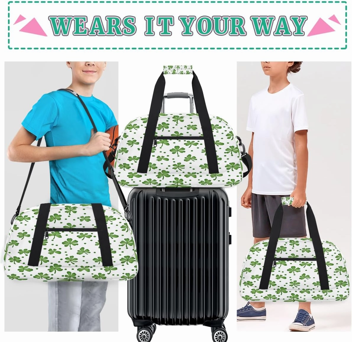 Happy St Patrick's Day Kids Overnighter Duffel Bags for Boys, Carry-On Size Sports Gym Bag with Front Zipper Pocket for School Practice or Overnight Travel Weekender Sleepover Tote Bag