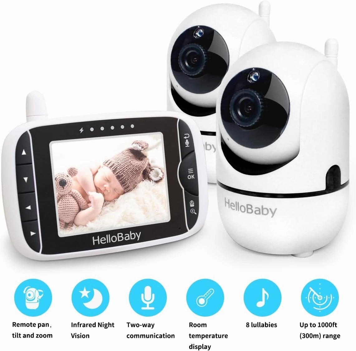 HelloBaby Baby Monitor with Remote Pan-Tilt-Zoom Camera and 3.2'' LCD Screen, Infrared Night Vision, Temperature Display, Lullaby, Two Way Audio, with Wall Mount Kit
