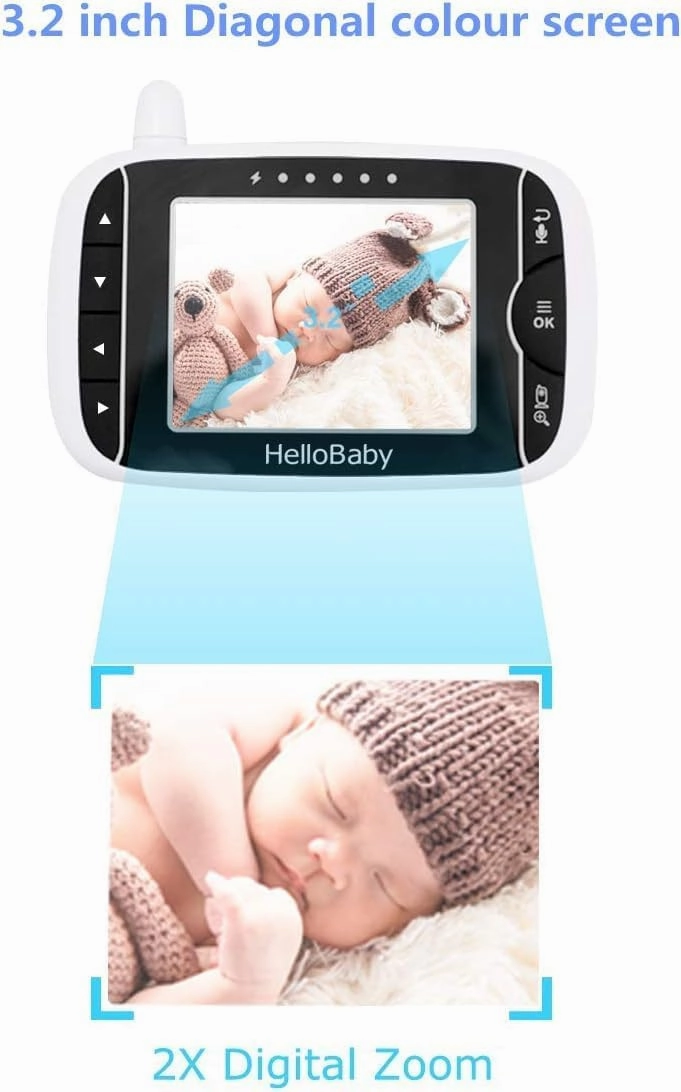 HelloBaby Baby Monitor with Remote Pan-Tilt-Zoom Camera and 3.2'' LCD Screen, Infrared Night Vision, Temperature Display, Lullaby, Two Way Audio, with Wall Mount Kit