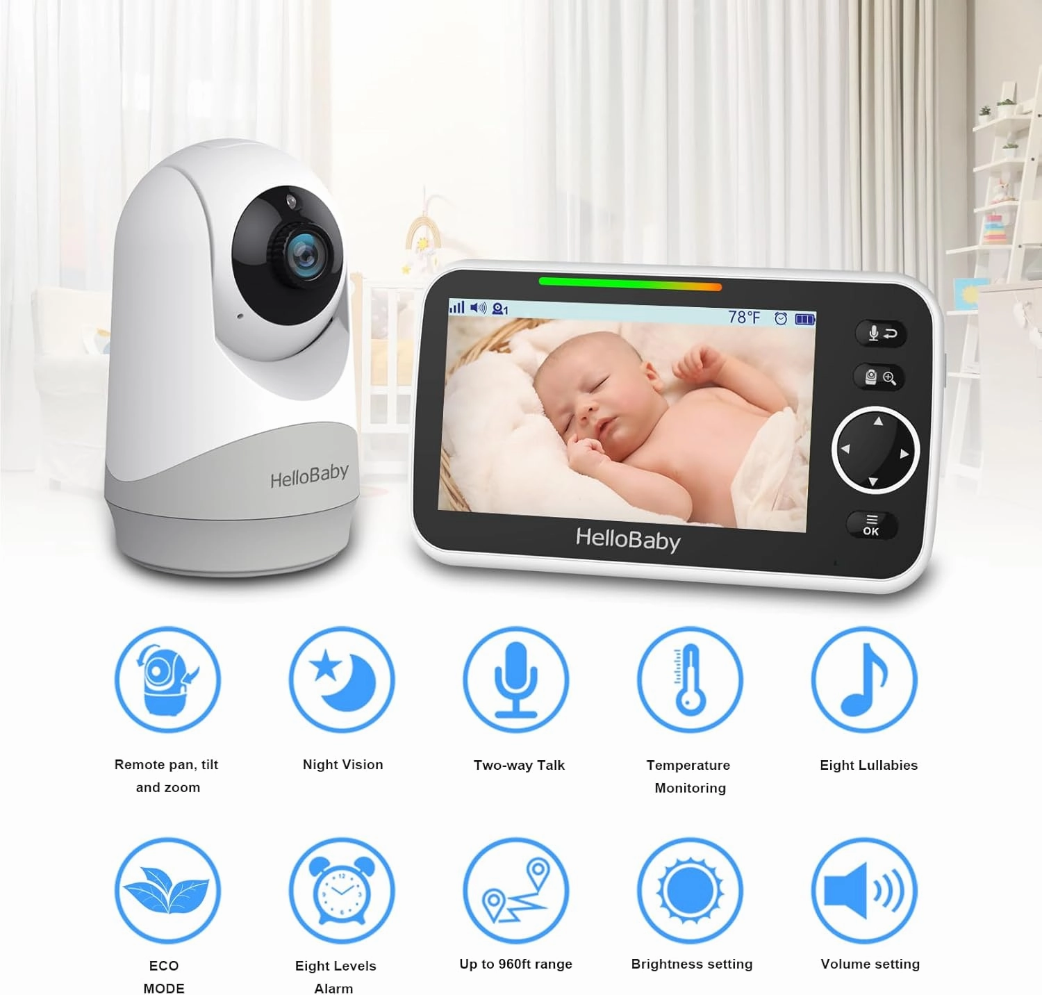 HelloBaby Monitor with Camera and Audio, 5'' Screen with 16-Hour Video Streaming, Remote Pan-Tilt-Zoom Camera, Two-Way Talk, VOX Mode, Auto-Night Vision, Range up to 960ft and No WiFi