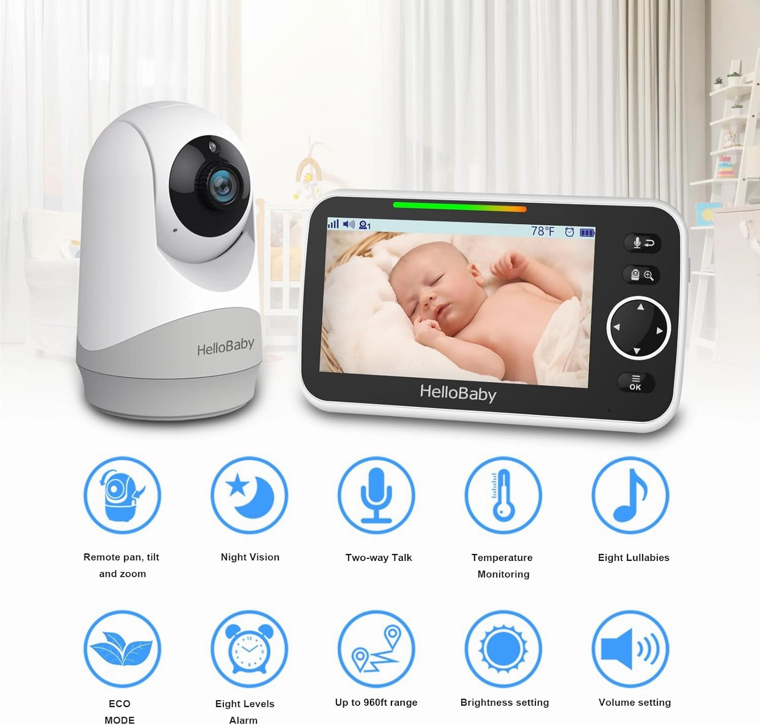 HelloBaby Monitor with Camera and Audio, 5'' Screen with 16-Hour Video Streaming, Remote Pan-Tilt-Zoom Camera, Two-Way Talk, VOX Mode, Auto-Night Vision, Range up to 960ft and No WiFi