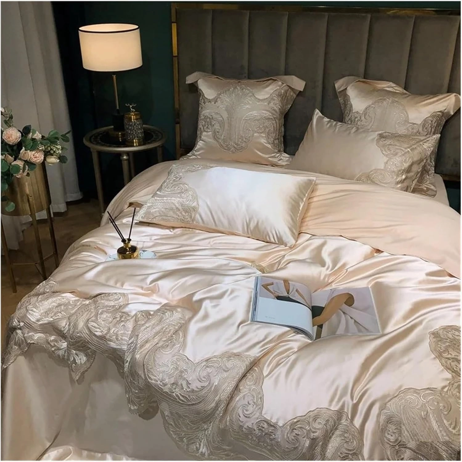 High End Luxury Wedding Cotton Lace Bedding Set Cotton Duvet Cover Skin Friendly 4Pcs Set, Luxury Bed in A Bag,Blu-Full Size 4pcs