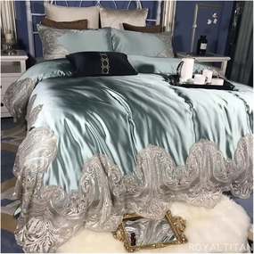 High End Luxury Wedding Cotton Lace Bedding Set Cotton Duvet Cover Skin Friendly 4Pcs Set, Luxury Bed in A Bag,Blu-Full Size 4pcs