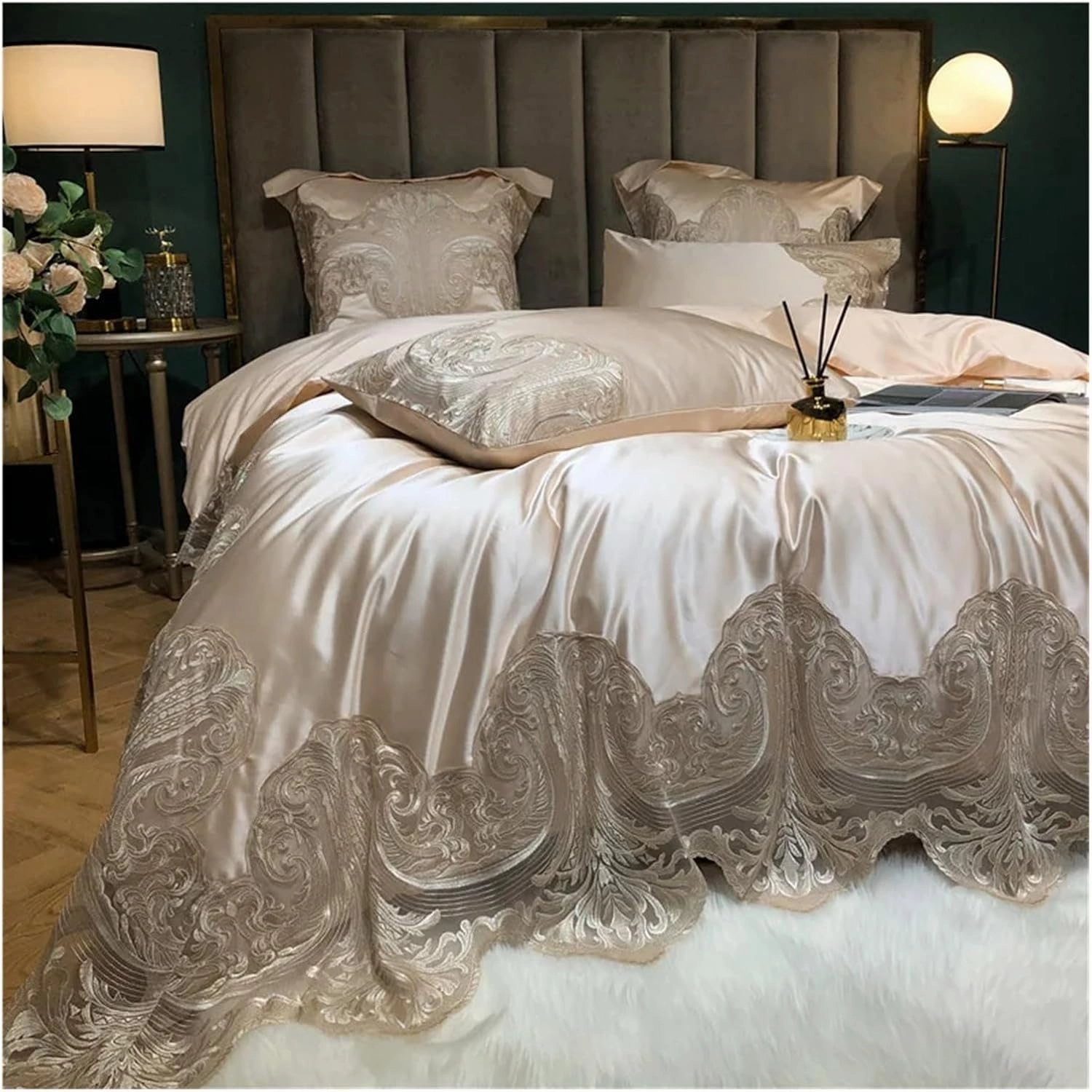 High End Luxury Wedding Cotton Lace Bedding Set Cotton Duvet Cover Skin Friendly 4Pcs Set, Luxury Bed in A Bag,Blu-Full Size 4pcs