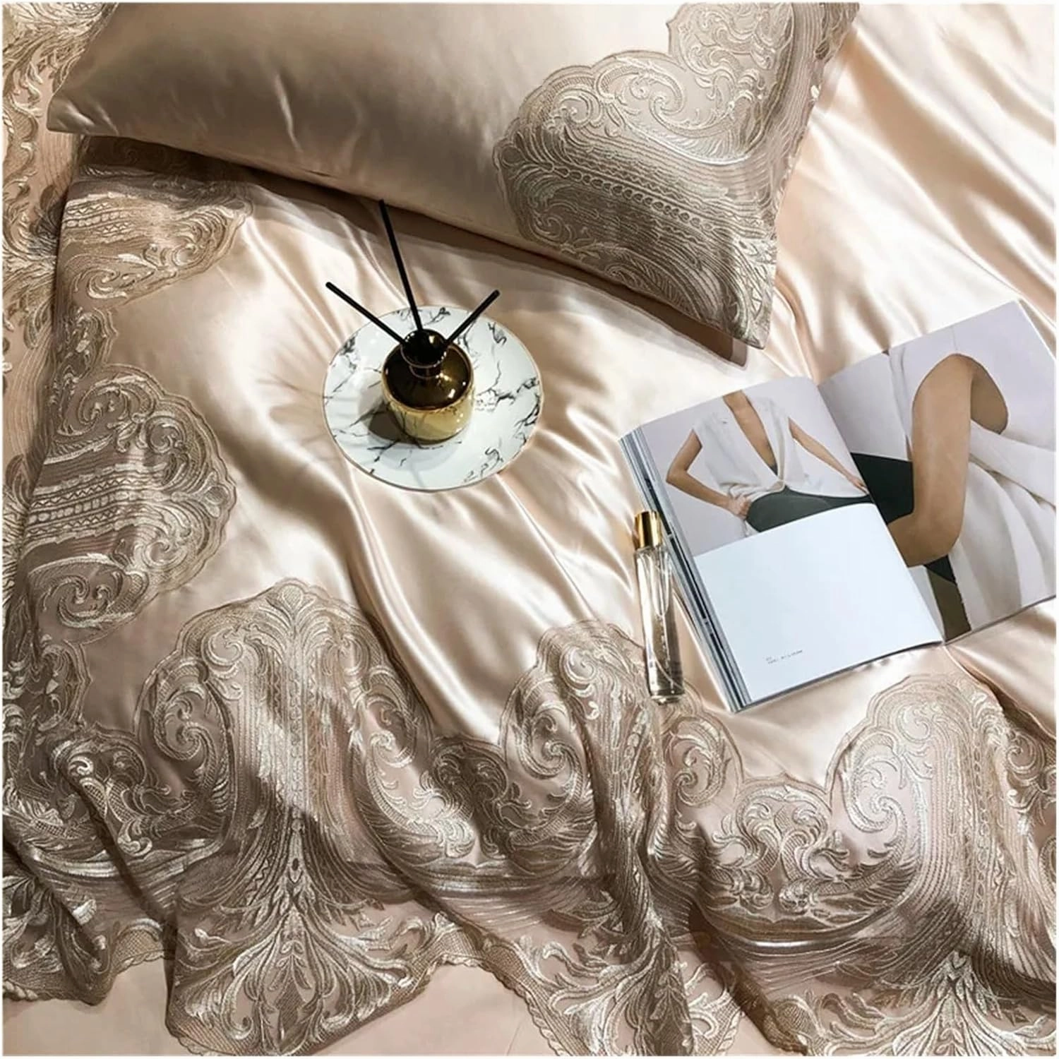 High End Luxury Wedding Cotton Lace Bedding Set Cotton Duvet Cover Skin Friendly 4Pcs Set, Luxury Bed in A Bag,Blu-Full Size 4pcs