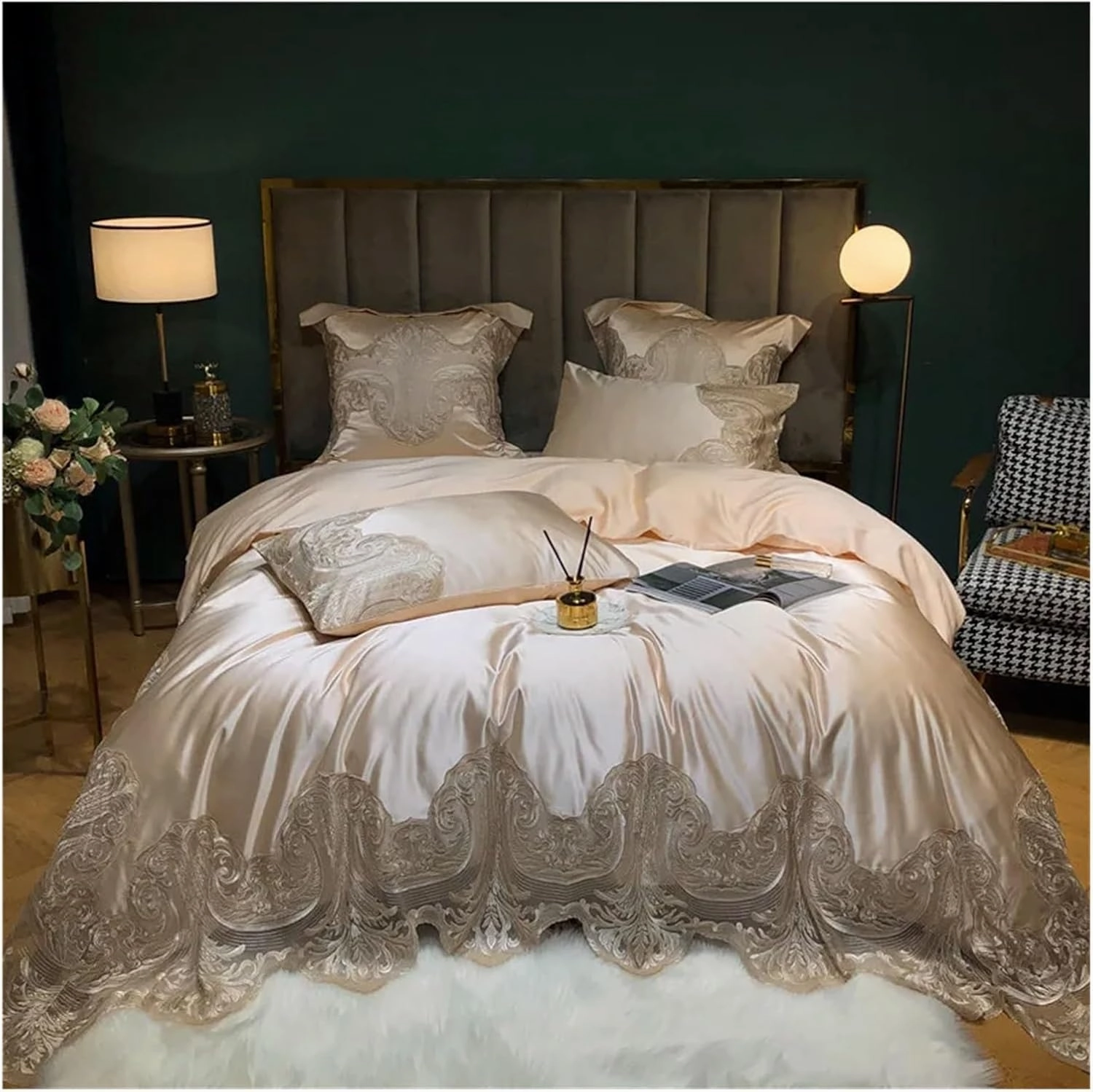 High End Luxury Wedding Cotton Lace Bedding Set Cotton Duvet Cover Skin Friendly 4Pcs Set, Luxury Bed in A Bag,Blu-Full Size 4pcs