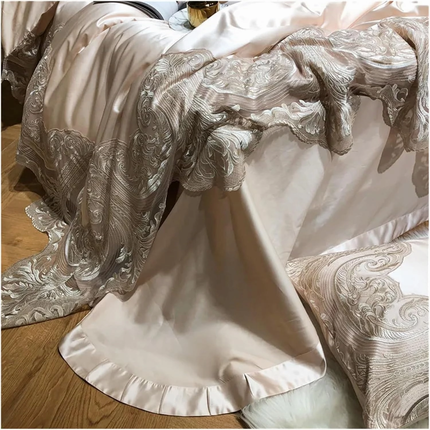 High End Luxury Wedding Cotton Lace Bedding Set Cotton Duvet Cover Skin Friendly 4Pcs Set, Luxury Bed in A Bag,Blu-Full Size 4pcs