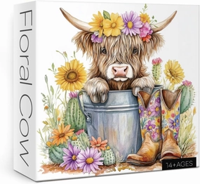 Highland Cow Sunflower Puzzle for Adults 1000 Pieces, Cute Animal Flower Jigsaw Puzzle, Colorful Cactus Floral Watercolor Painting Puzzle
