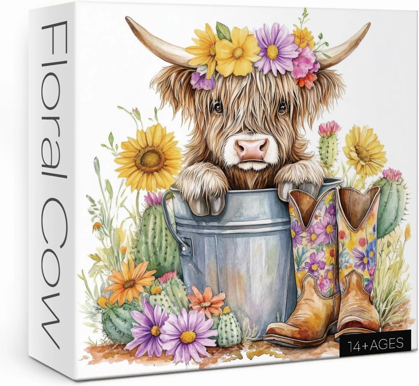 Highland Cow Sunflower Puzzle for Adults 1000 Pieces, Cute Animal Flower Jigsaw Puzzle, Colorful Cactus Floral Watercolor Painting Puzzle