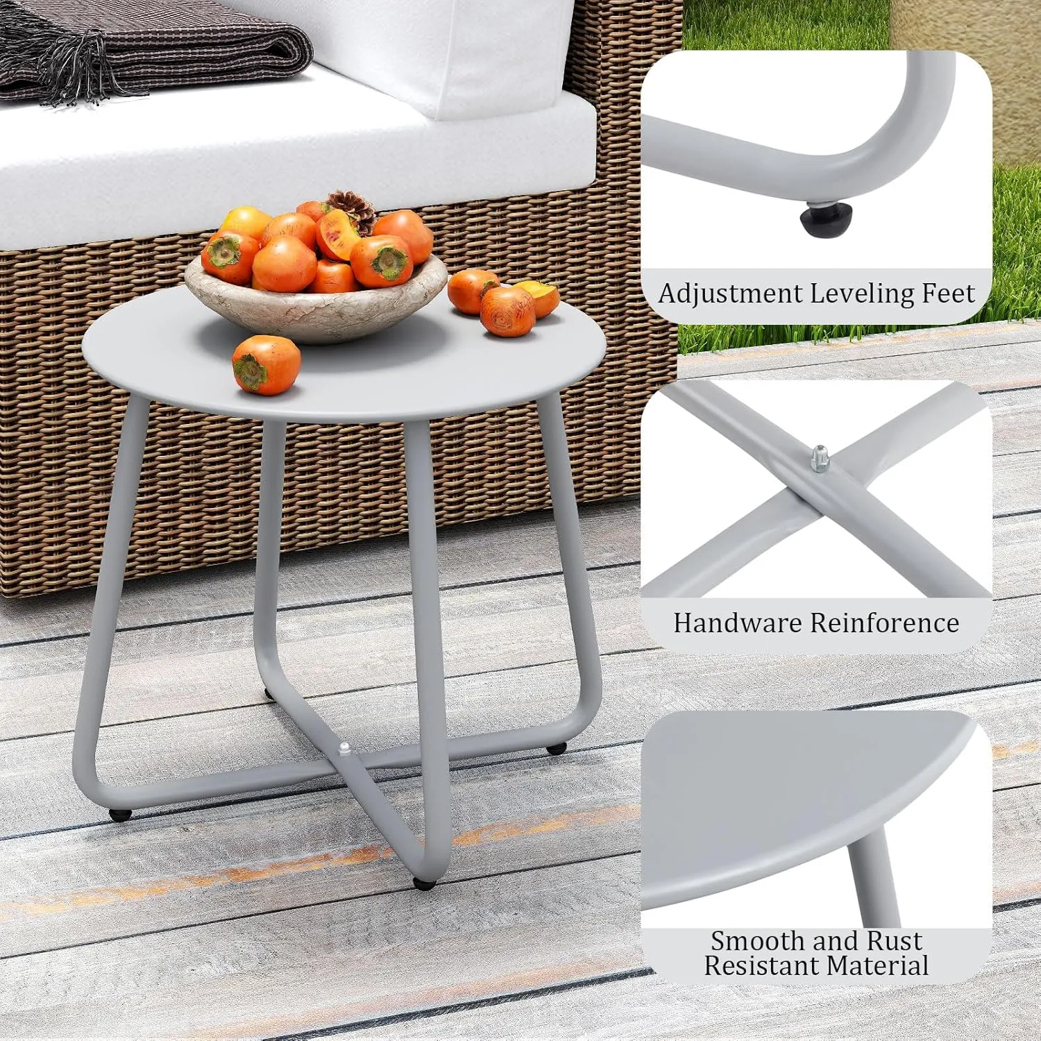 HollyHOME Round Metal Side Table, Rust-Resistant Patio Small Plant Stand, Outdoor 17.32'' Portable End Table for Balconies, Gardens, Living Rooms and Bedrooms, Grey