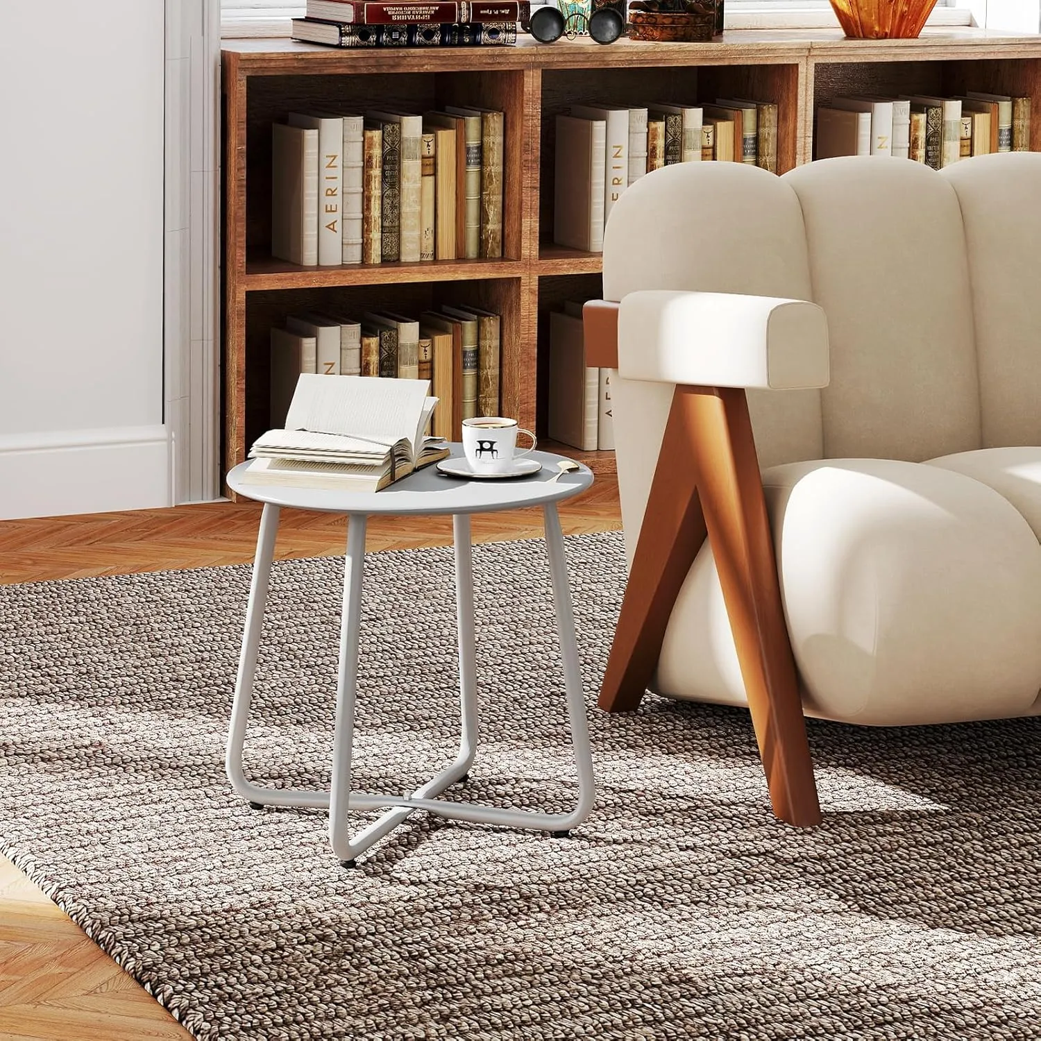 HollyHOME Round Metal Side Table, Rust-Resistant Patio Small Plant Stand, Outdoor 17.32'' Portable End Table for Balconies, Gardens, Living Rooms and Bedrooms, Grey