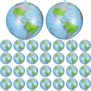 Honoson 30 Packs 16 Inch Inflatable Globe Blow Up World Globe Beach Balls Inflatable PVC Earth Beach Ball for Summer Pool Playing School Teaching Party