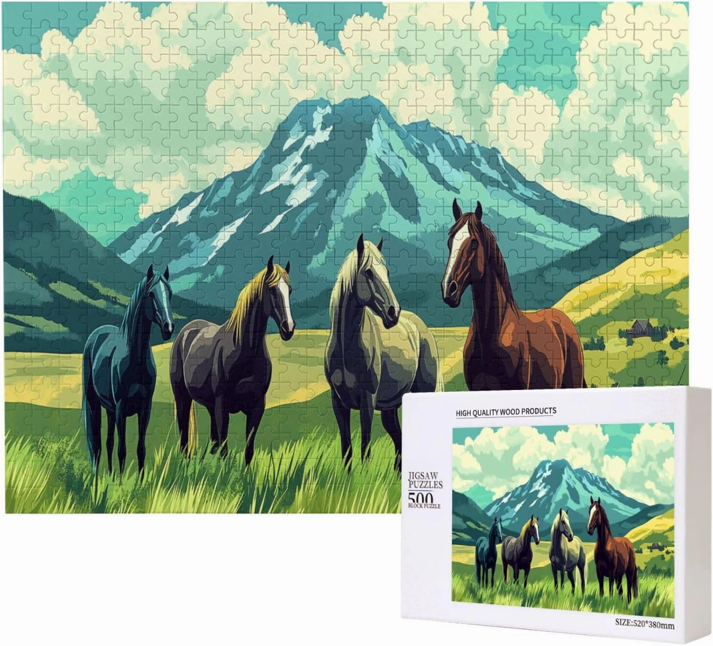 Horses On Alpine Grassland,500 Pcs Wooden Jigsaw Puzzles for Adults,Interesting Entertainment Games, Exercise Your Hands-On Skills，Promote A Warmer Relationship，Enjoy The Process