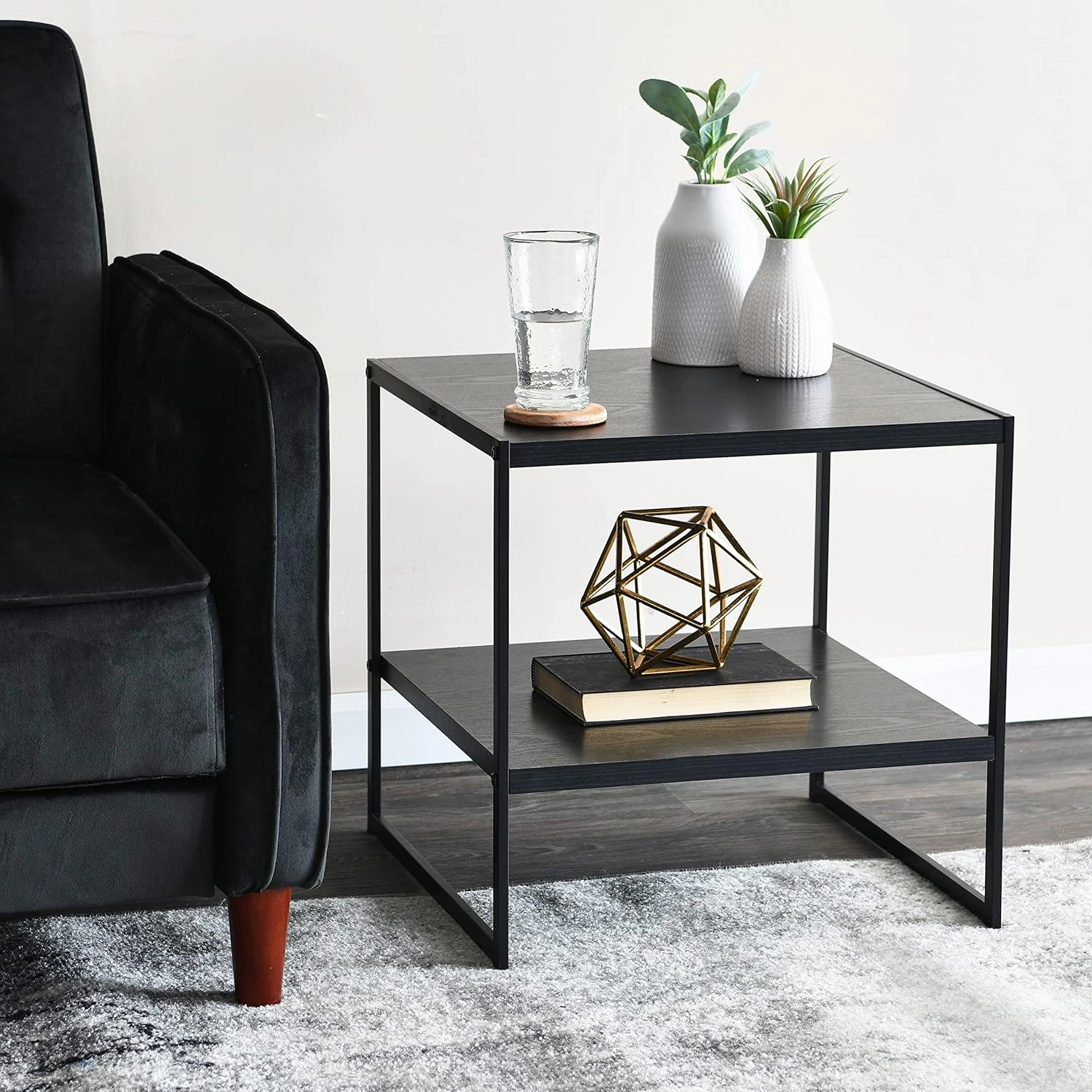 Household Essentials Jamestown Square Side End Table with Storage Shelf Black Oak Wood Grain and Black Metal