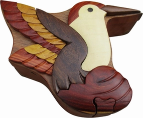 Hummingbird Handmade Carved Wood Intarsia Puzzle Box