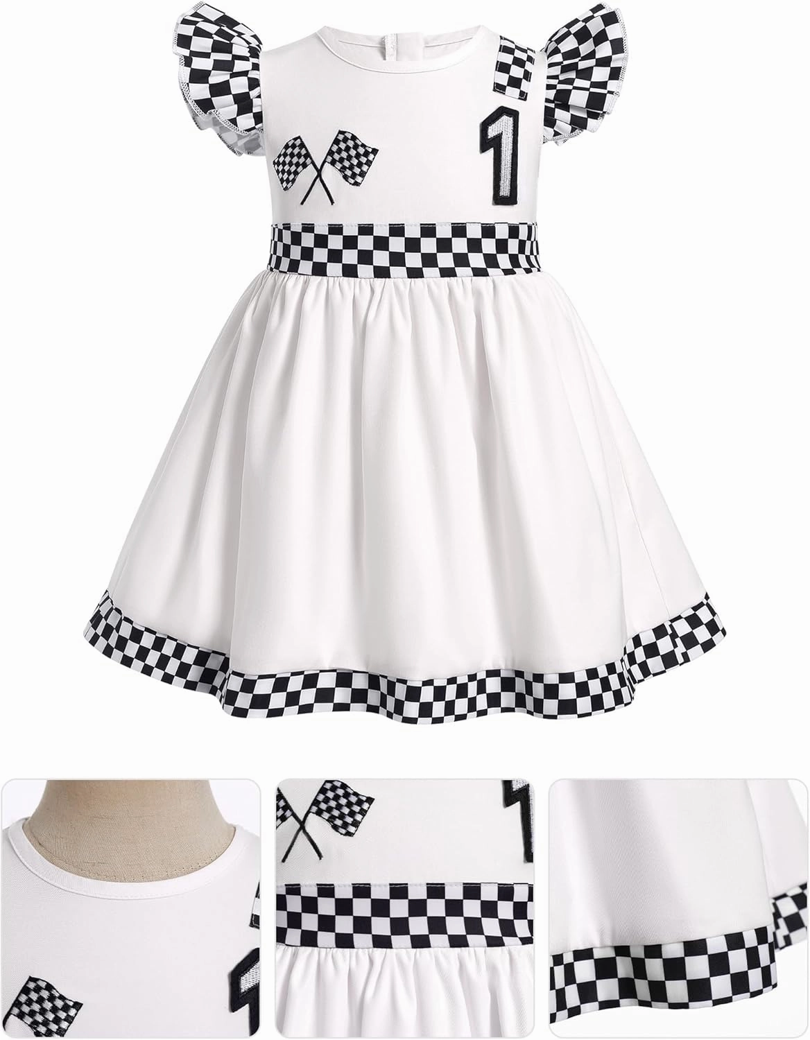 IBAKOM Baby Girl 1st 2nd Birthday Outfits Flutter Sleeve Race Car Driver Dress Checkered Flag Toddler Fancy Racing Costume