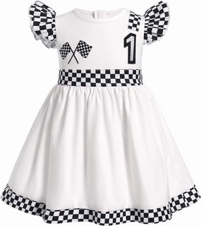IBAKOM Baby Girl 1st 2nd Birthday Outfits Flutter Sleeve Race Car Driver Dress Checkered Flag Toddler Fancy Racing Costume
