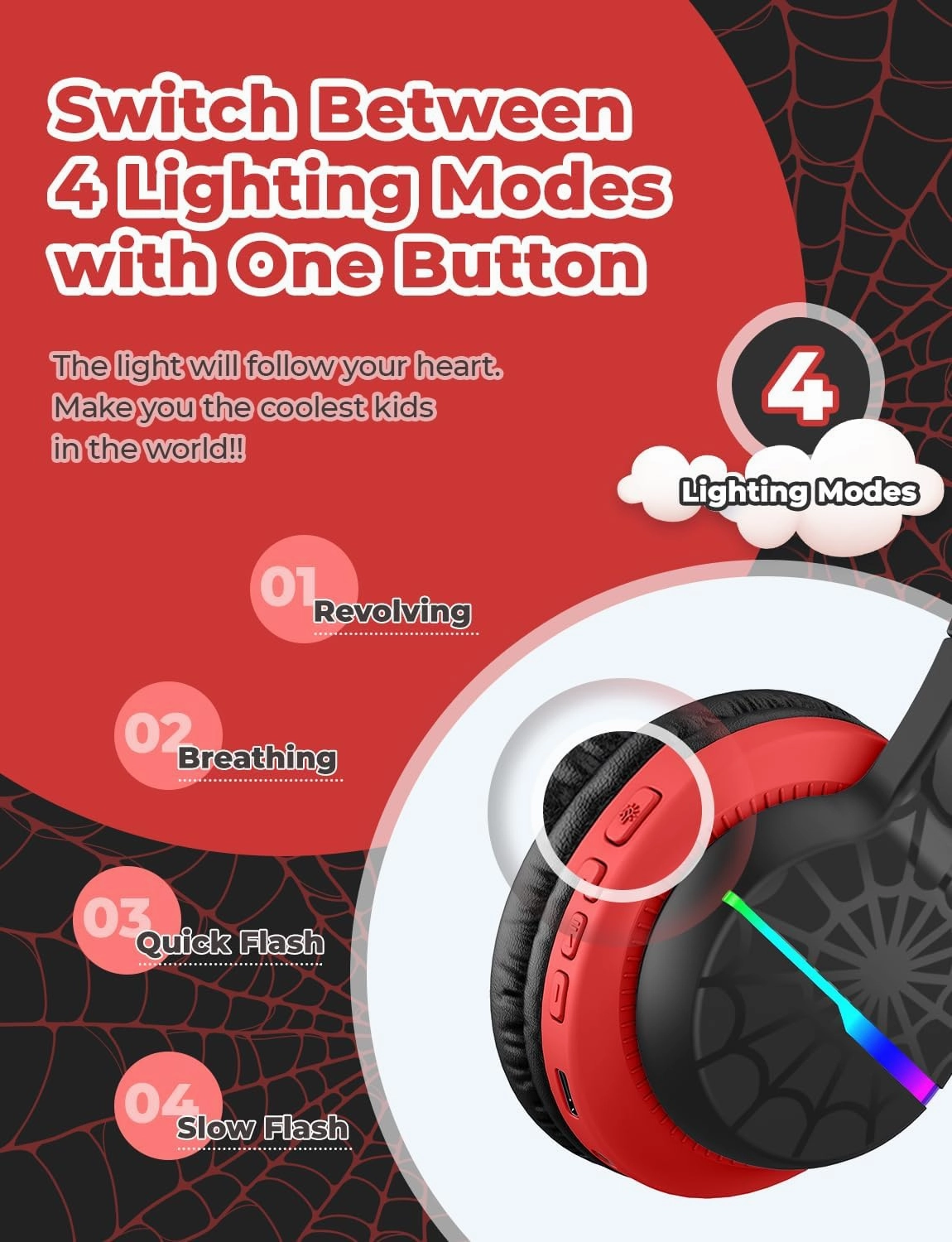 iClever BTH12 Kids Bluetooth Headphones,Colorful LED Lights,74/85dBA Safe Volume,85H Playtime,Fast Charging,Bluetooth 5.2,Over Ear Kids Headphones Wireles for iPad/Tablet/Airplane,Black/Red