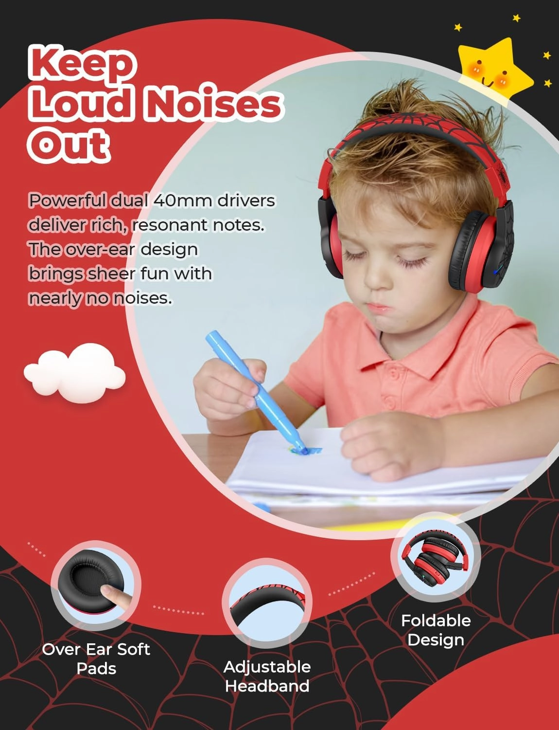 iClever BTH12 Kids Bluetooth Headphones,Colorful LED Lights,74/85dBA Safe Volume,85H Playtime,Fast Charging,Bluetooth 5.2,Over Ear Kids Headphones Wireles for iPad/Tablet/Airplane,Black/Red