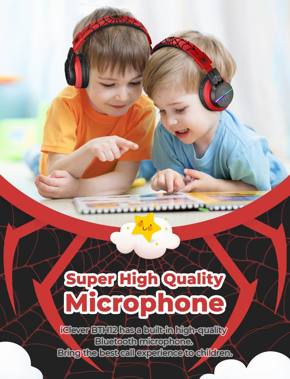iClever BTH12 Kids Bluetooth Headphones,Colorful LED Lights,74/85dBA Safe Volume,85H Playtime,Fast Charging,Bluetooth 5.2,Over Ear Kids Headphones Wireles for iPad/Tablet/Airplane,Black/Red
