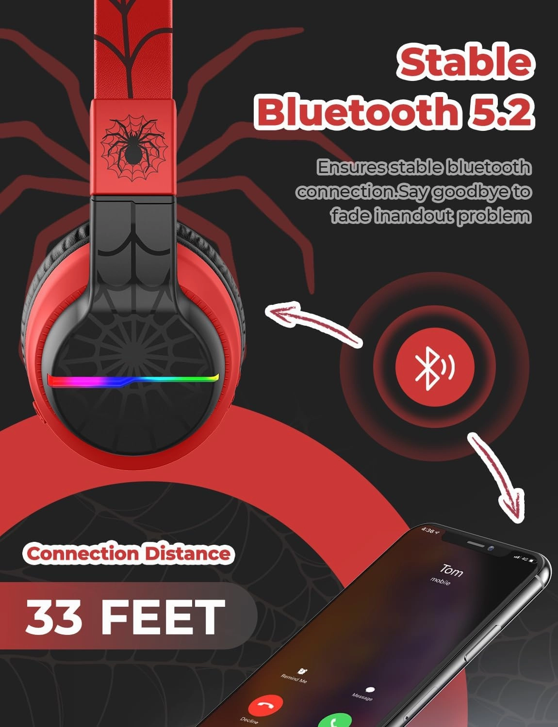 iClever BTH12 Kids Bluetooth Headphones,Colorful LED Lights,74/85dBA Safe Volume,85H Playtime,Fast Charging,Bluetooth 5.2,Over Ear Kids Headphones Wireles for iPad/Tablet/Airplane,Black/Red