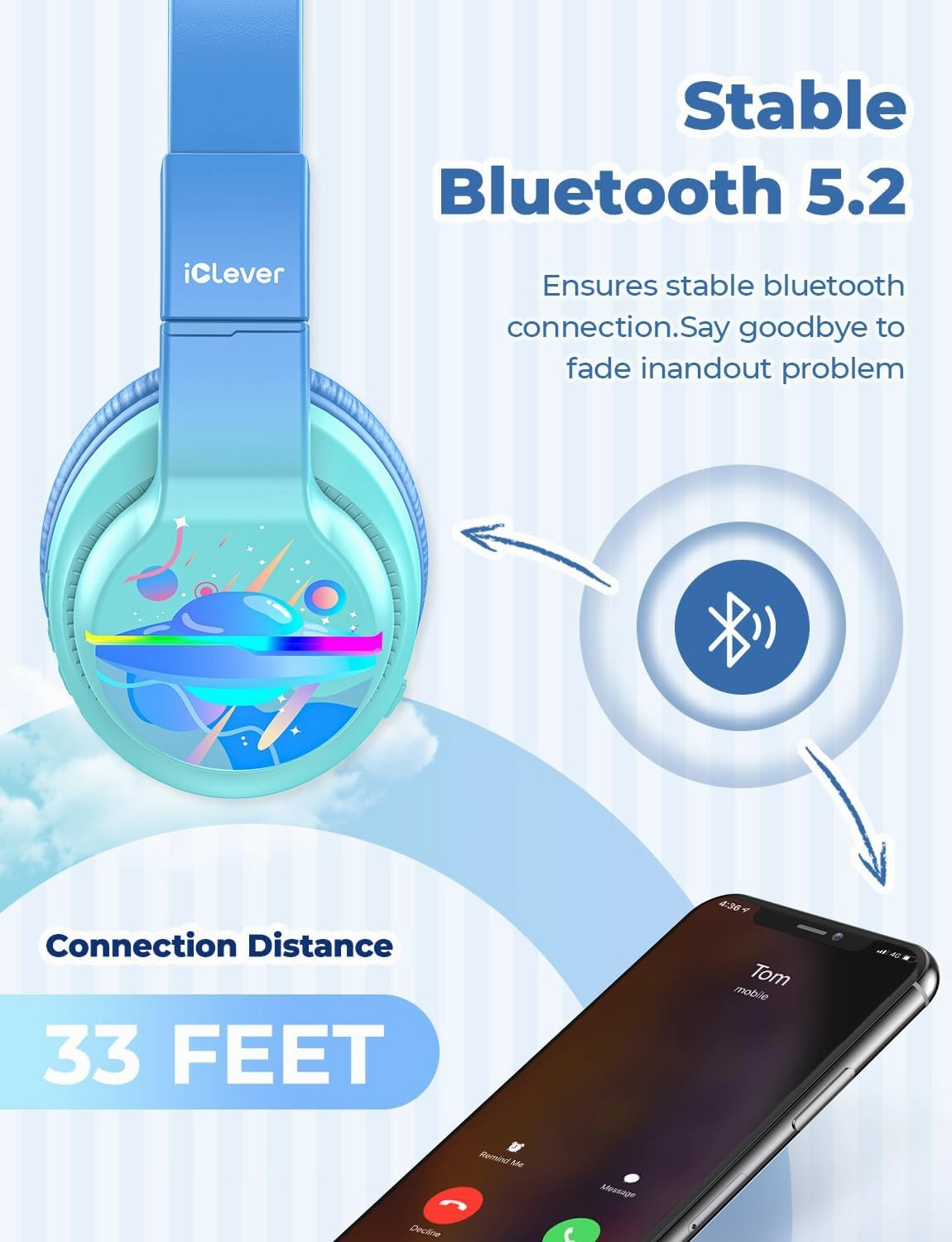 iClever BTH12 Kids Bluetooth Headphones,Colorful LED Lights,74/85dBA Safe Volume,85H Playtime,Fast Charging,Bluetooth 5.2,Over Ear Kids Headphones Wireles for iPad/Tablet/Airplane,Gradient Blue