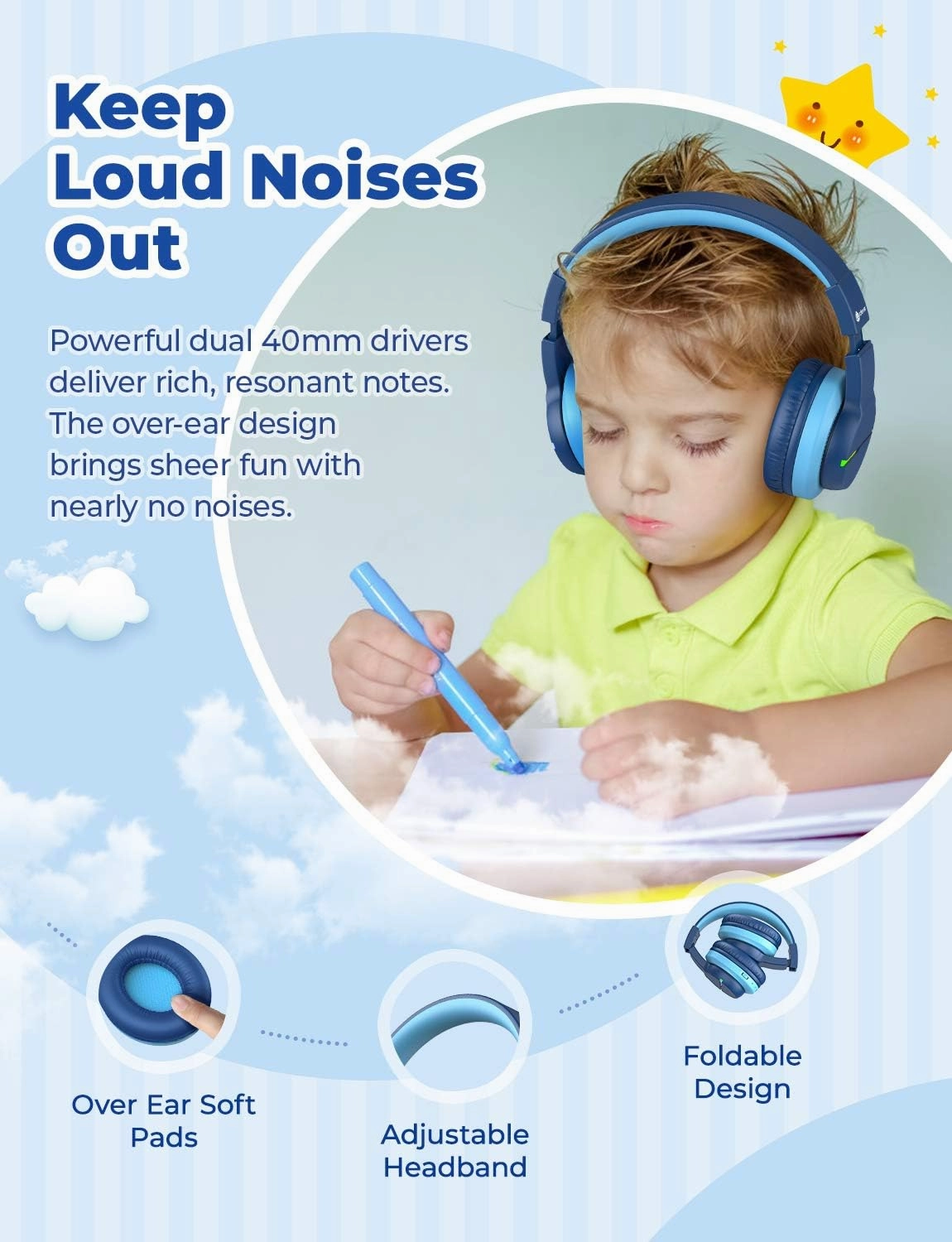 iClever BTH12 Kids Bluetooth Headphones,Colorful LED Lights Kids Headphones Wireless,74/85dBA Safe Volume,85H Playtime,Fast Charging,Bluetooth 5.2,Over Ear,Built-in Mic for iPad/Tablet/Airplane,Blue