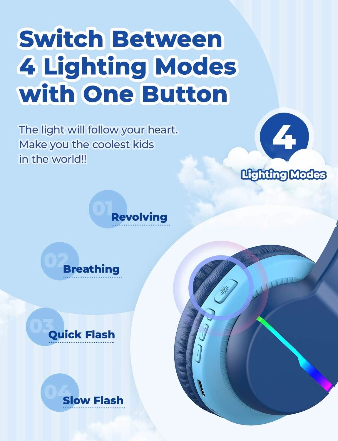 iClever BTH12 Kids Bluetooth Headphones,Colorful LED Lights Kids Headphones Wireless,74/85dBA Safe Volume,85H Playtime,Fast Charging,Bluetooth 5.2,Over Ear,Built-in Mic for iPad/Tablet/Airplane,Blue